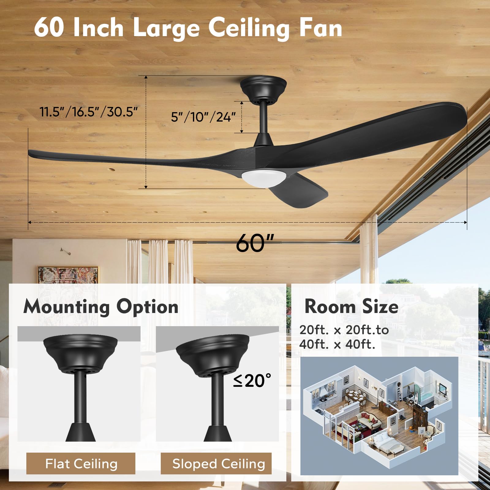 60 Inch Black Farmhouse Rustic Ceiling Fan with Light - 3 Wood Blades, Quiet Reversible DC Motor, Indoor/Outdoor Wet Rated - Perfect for Patio, Porch, Living Room & Bedroom