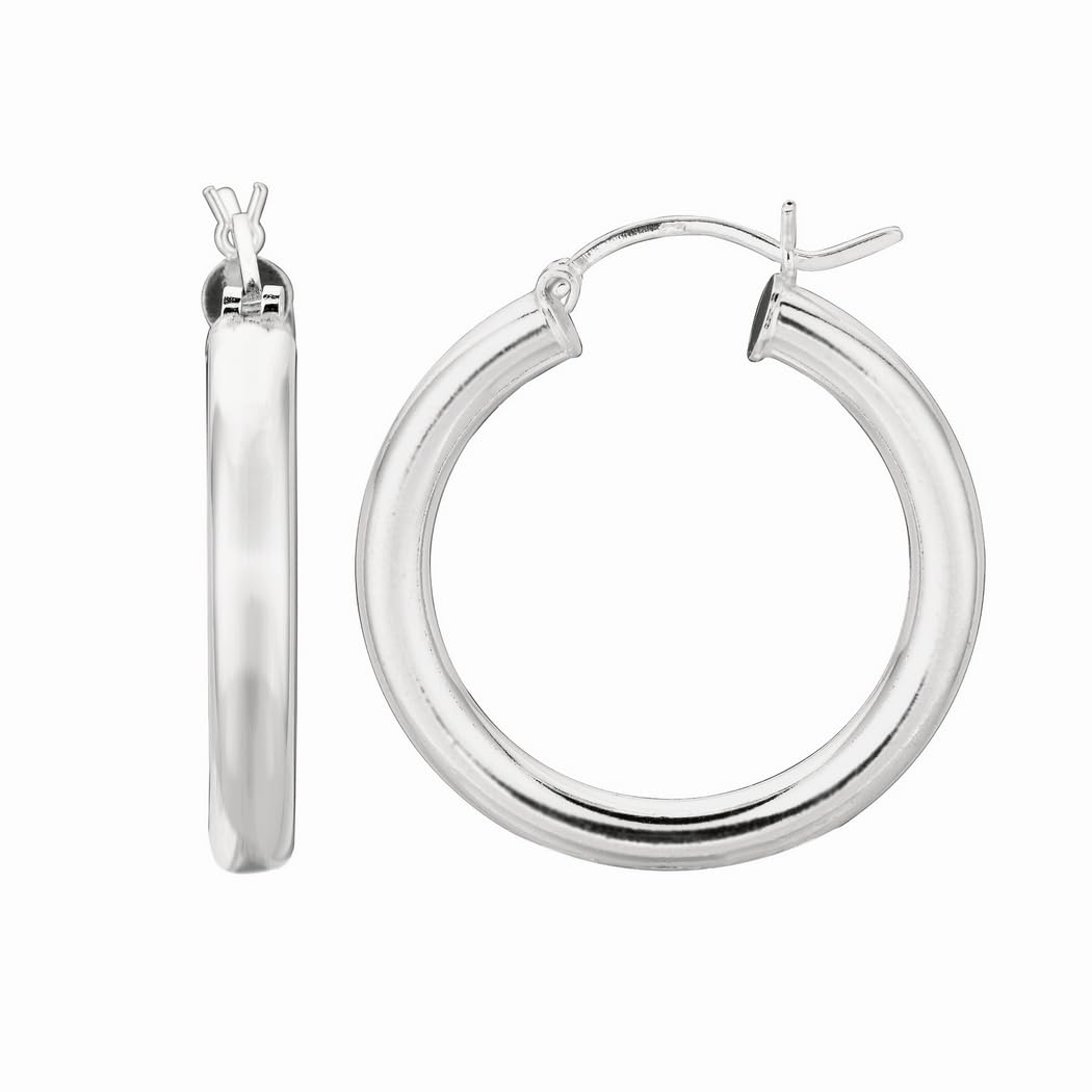 925 Sterling Silver Rhodium Plated Shiny Round Hoop Earrings with Hinged Clasp - Elegant Women's Hoop Earrings for Everyday Wear, Parties & Special Occasions