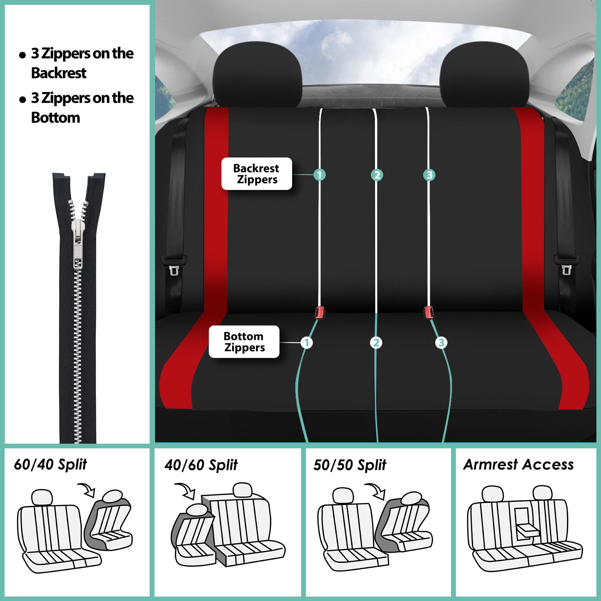 Premium FH Group Cosmopolitan Flat Cloth Car Seat Covers Full Set - Universal Fit for Cars, Vans & Trucks (Red Combo) | Includes Steering Wheel Cover & Seat Belt Pads | Airbag Compatible & Split Rear Design | Perfect for Daily Commute, Road Trips & Family Travel
