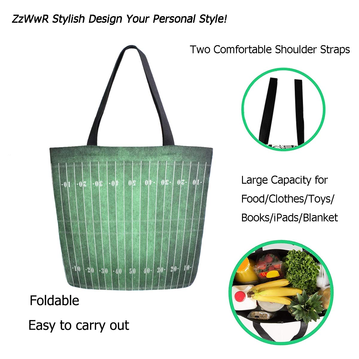 Stylish Extra Large Canvas Shoulder Tote Bag with American Football Field Pattern - Perfect for Gym, Beach, Weekender Travel & Shopping - Durable Top Storage Handle Bag for Sports Fans & Outdoor Activities
