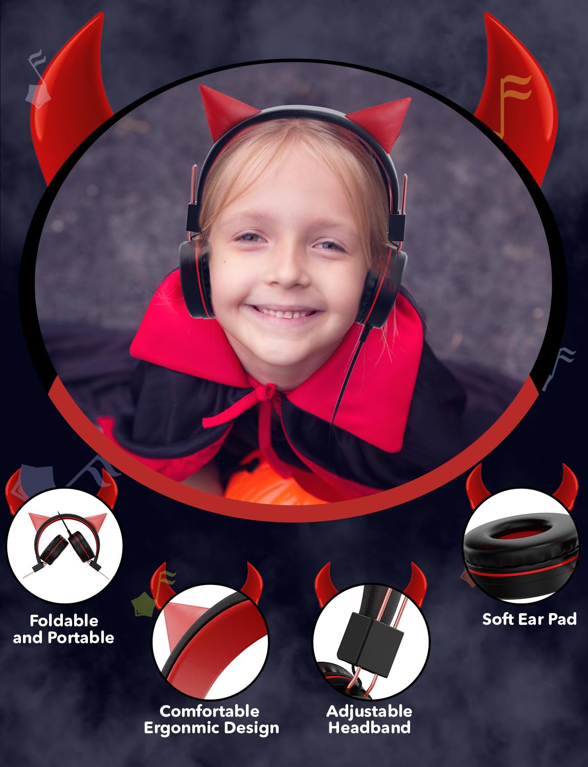 Simjar Demon Kids Headphones - Wired Foldable Headphones with Adjustable Headband, 3.5mm Jack for Boys & Girls - Perfect for Halloween, School, Online Learning, Travel, Tablet, iPad & Computer Use