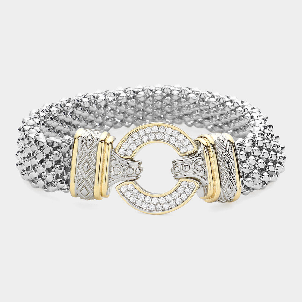 CZ Stone Open O-Ring Pointed Two-Tone Mesh Chain Magnetic Bracelet for Women - Elegant Jewelry for Casual & Formal Occasions
