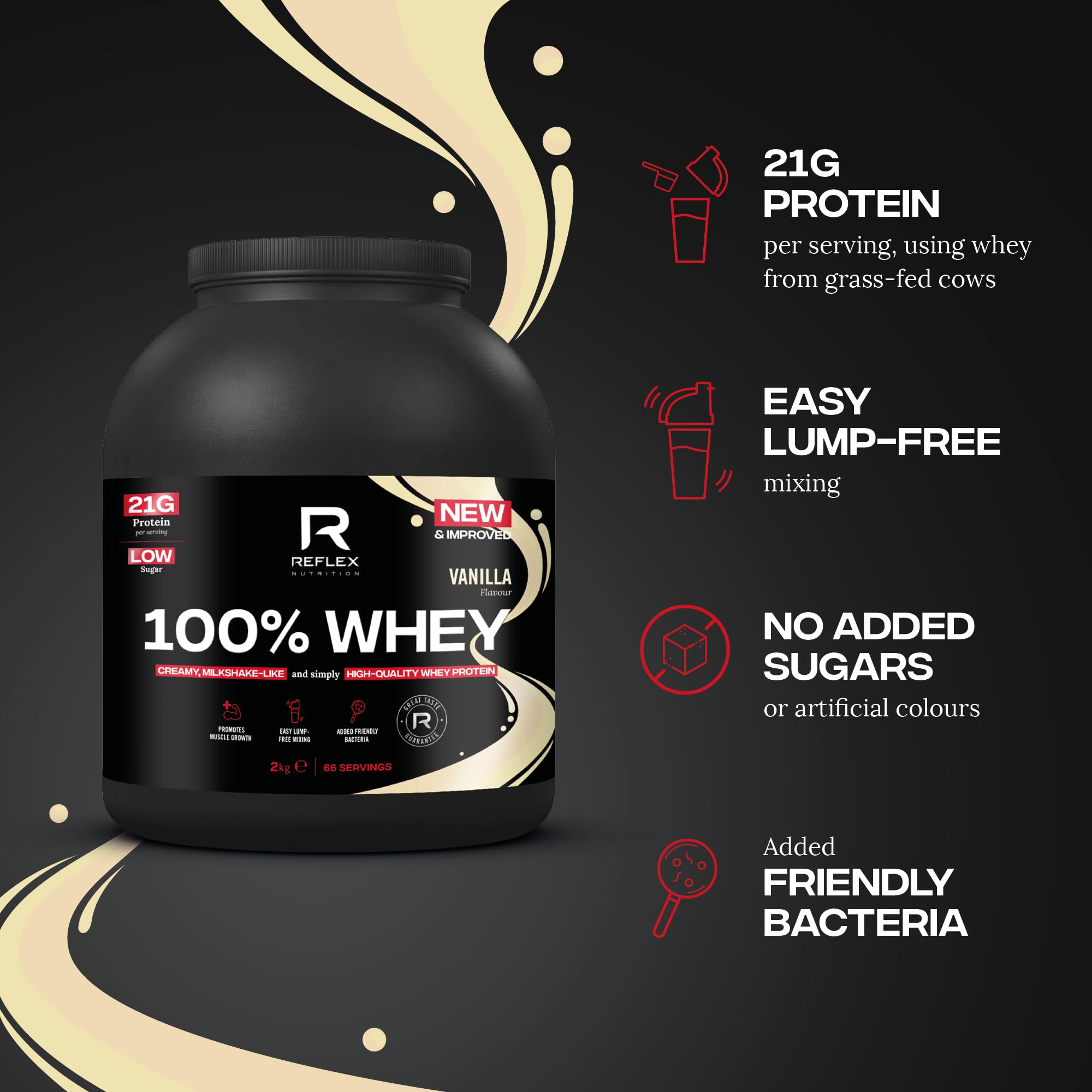 Reflex Nutrition 100% Whey Protein Powder - 80% Pure Whey with EAA Amino Acids, No Added Sugar, 2kg (66 Servings) - Vanilla Flavor for Pre & Post Workout Recovery | Ideal for Gym, Bodybuilding & Muscle Growth