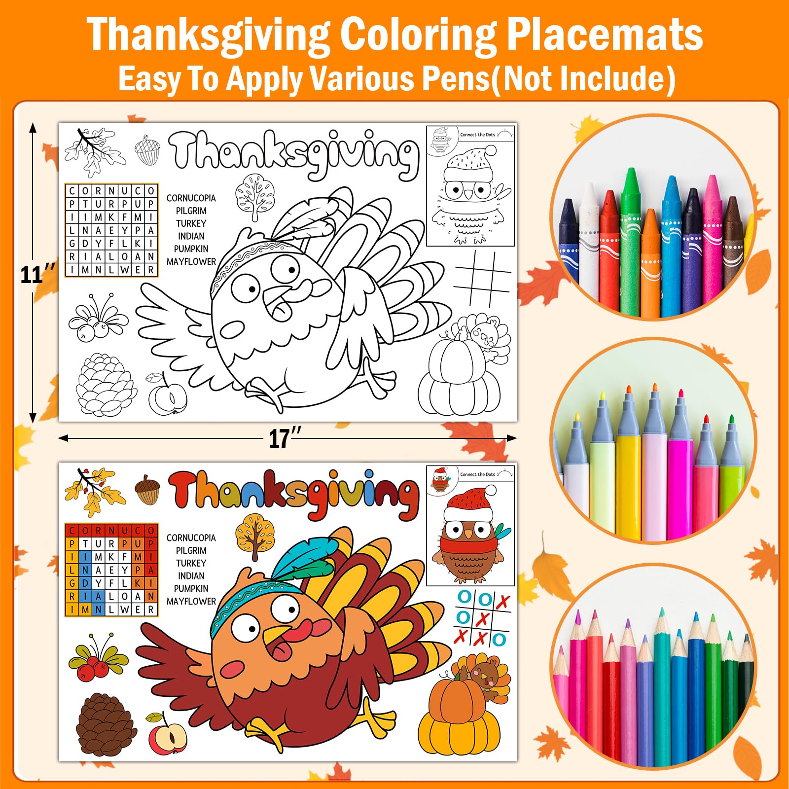 24 Pack Thanksgiving Coloring Paper Placemats - Turkey Themed DIY Craft Place Mats for Kids & Adults - Perfect for Holiday Dinners, Classroom Activities & Family Gatherings