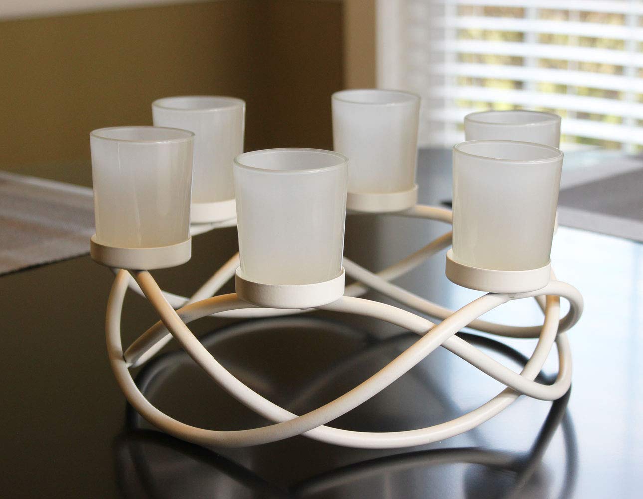 Seraphic Iron Round Table Centerpiece with 6 Clear Glass Votive Tealight Holders - Elegant Candle Holder for Weddings, Outdoor Patio, Kitchen, Dining Room & Coffee Tables - Perfect for Romantic Dinners, Holiday Decor & Home Ambiance