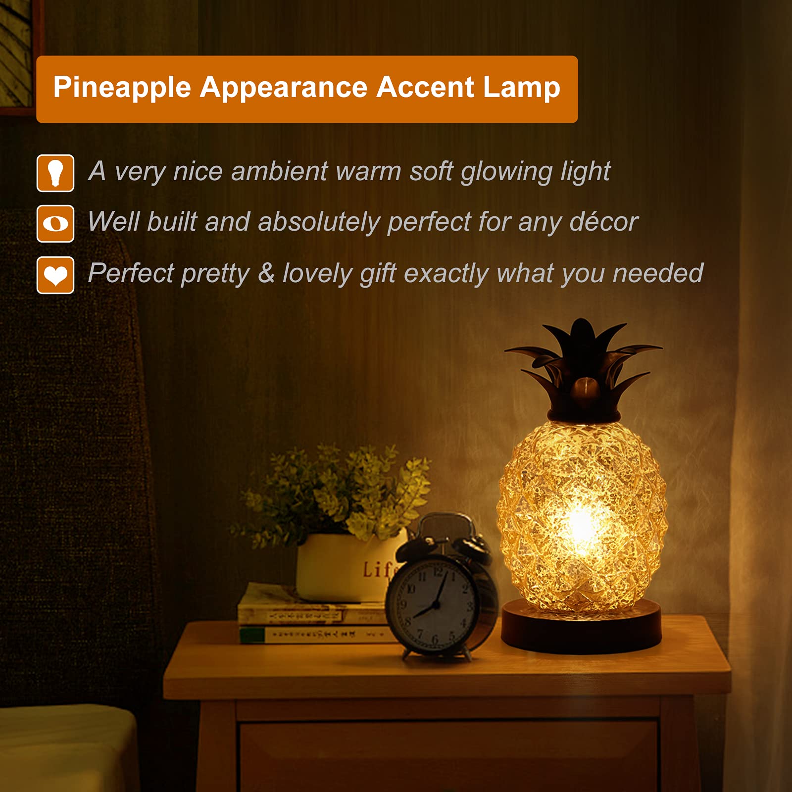 Golden Mercury Glass Pineapple Table Lamp - Elegant Night Light for Bedroom, Living Room, Kids Room, Kitchen & Dorm Decor | Perfect Gift & Festival Decoration (MJ0001)