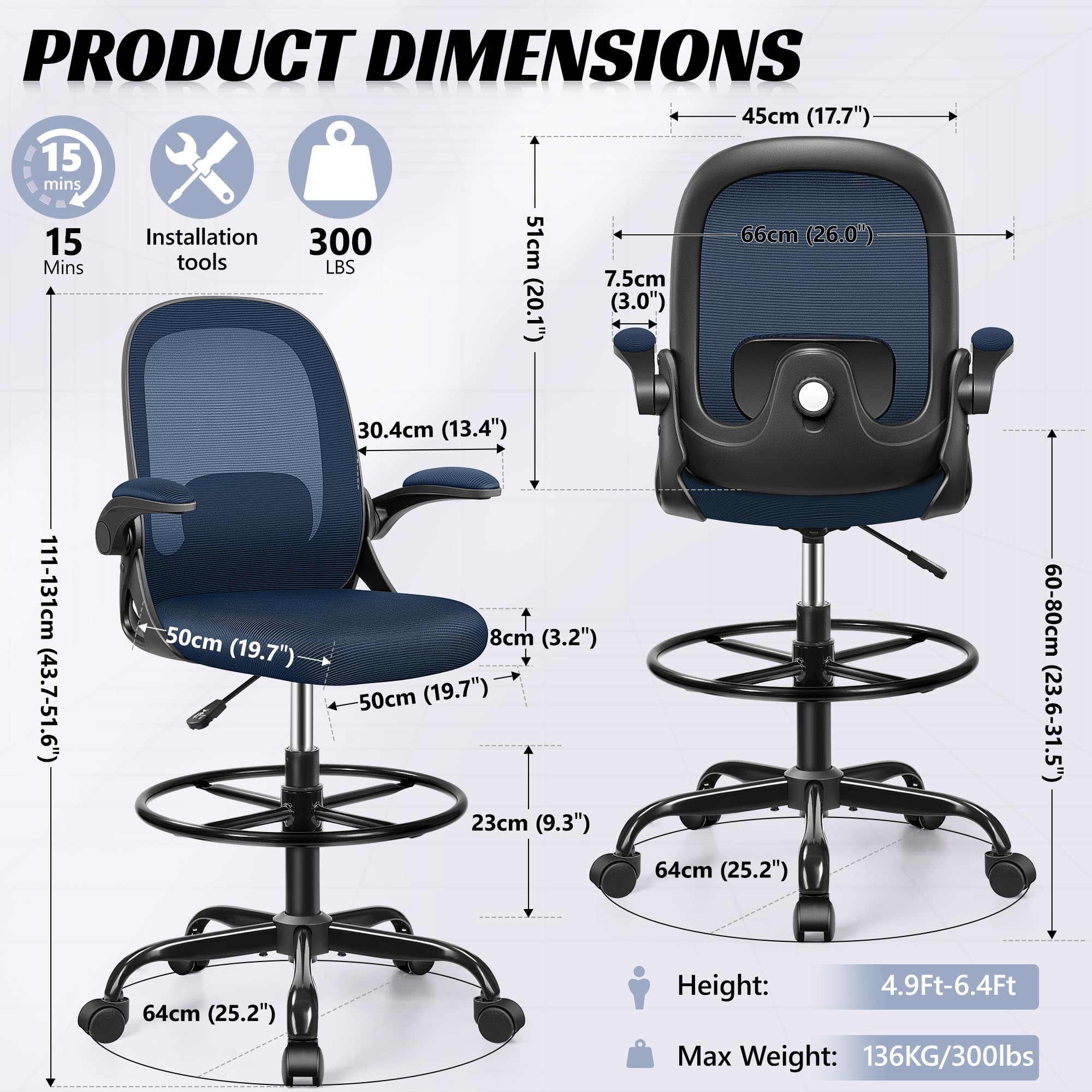 Ergonomic Drafting Chair with Adjustable Footrest & 3D Lumbar Support - Tall Office Chair for Standing Desks, Flip-Up Armrests, Swivel Stool for Artists & Designers (Navy) - Perfect for Home Office, Studio & Creative Workspaces