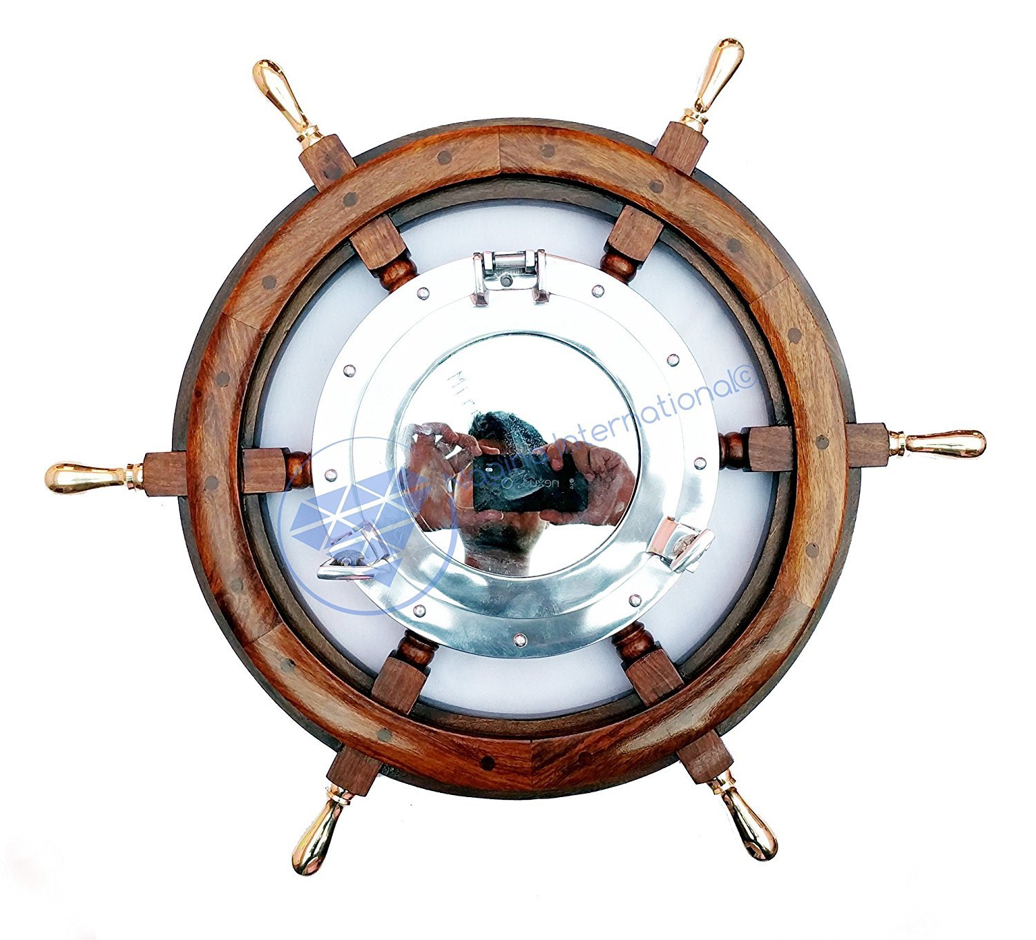 Nautical Brass Handle Aluminum Porthole Mirror with Ship Wheel Design - 30 Inch Coastal Decor for Bathroom, Beach House & Boat | Perfect Gift for Sea Lovers