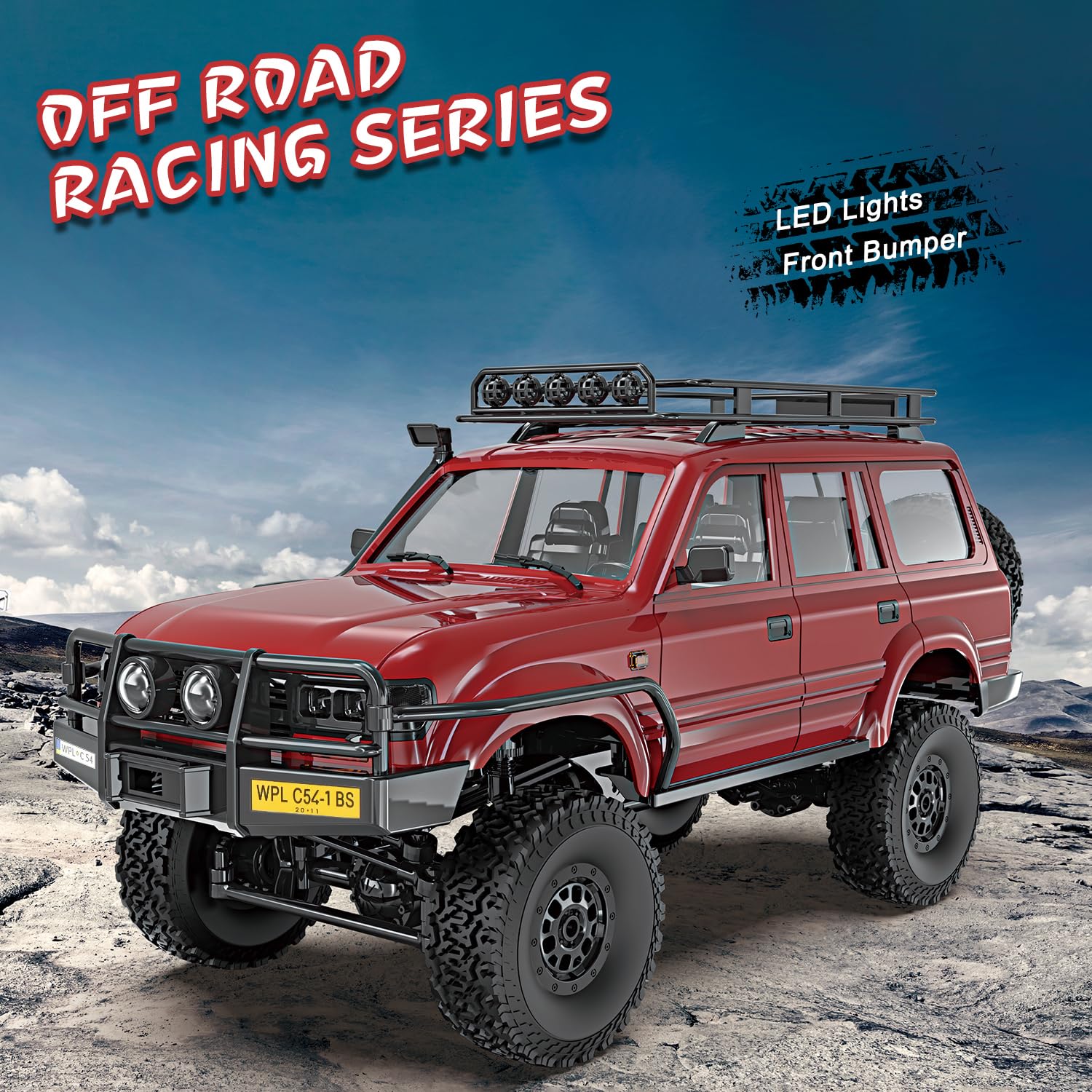 1/16 Scale WPL C54 RC Rock Crawler - 4x4 Off-Road Remote Control Truck with LED Lights & 2 Batteries | All Terrain RTR RC Car for Kids & Adults | Perfect for Backyard Crawling, Trail Adventures and Off-Road Racing