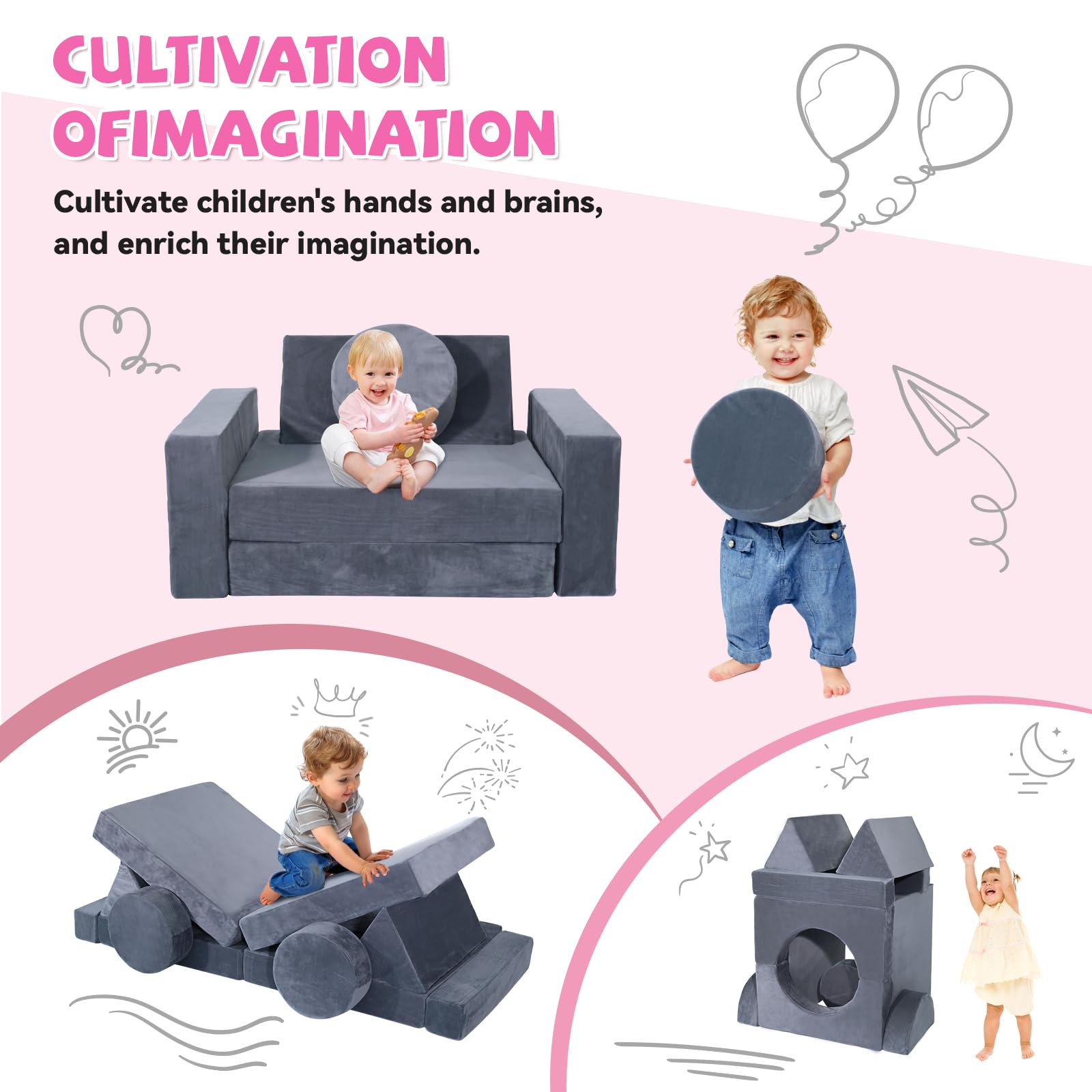 **ISBA 14-Piece Kids Play Couch Modular Sofa Set - Convertible Toddler Foam Couch for Playroom & Bedroom - Grey - Perfect for Fort Building, Lounging & Creative Play**