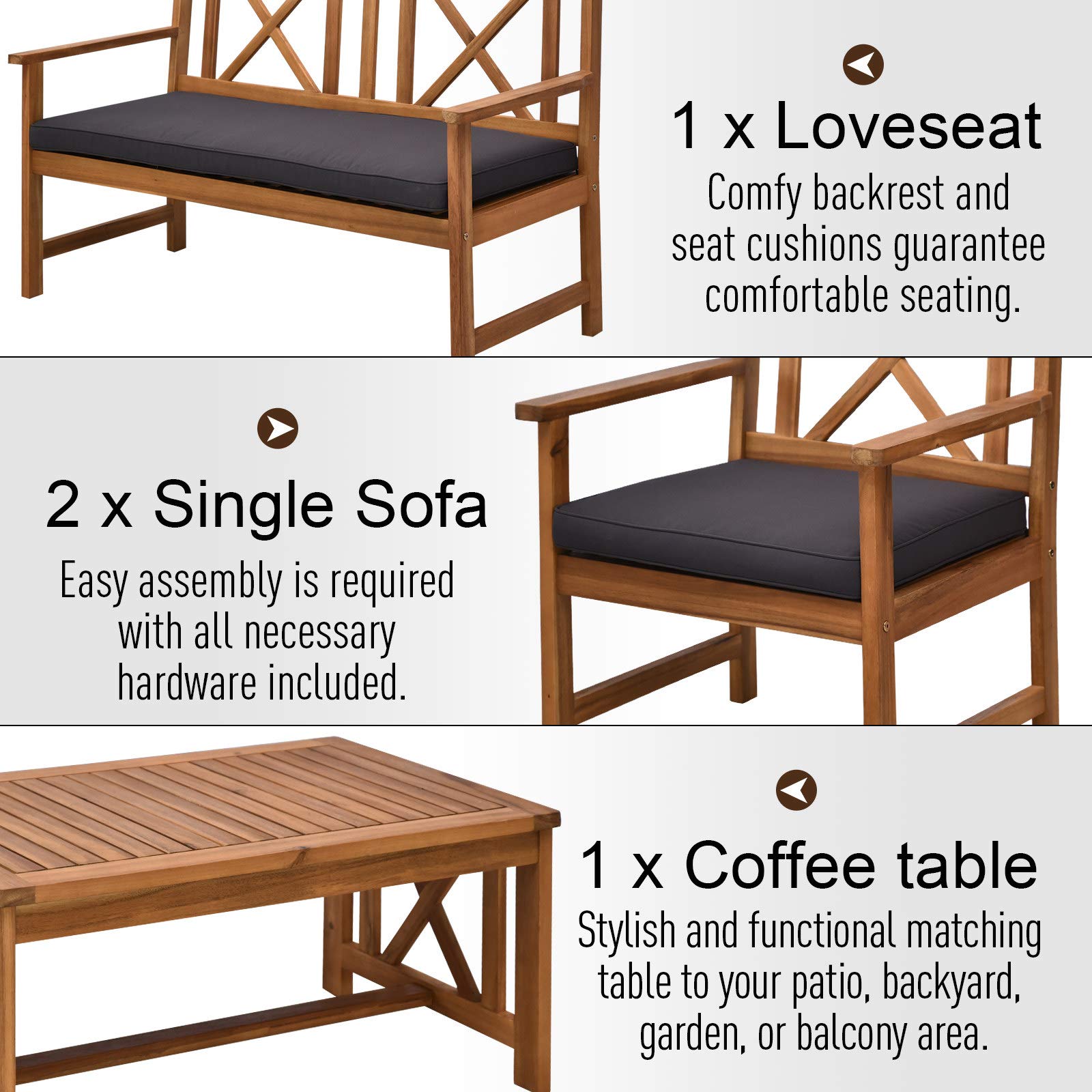 Outsunny 4-Piece Acacia Wood Patio Furniture Set with 2 Armchairs, 1 Sofa & Coffee Table - Includes Cushions - Perfect for Outdoor Garden, Backyard, Poolside & Balcony Relaxation
