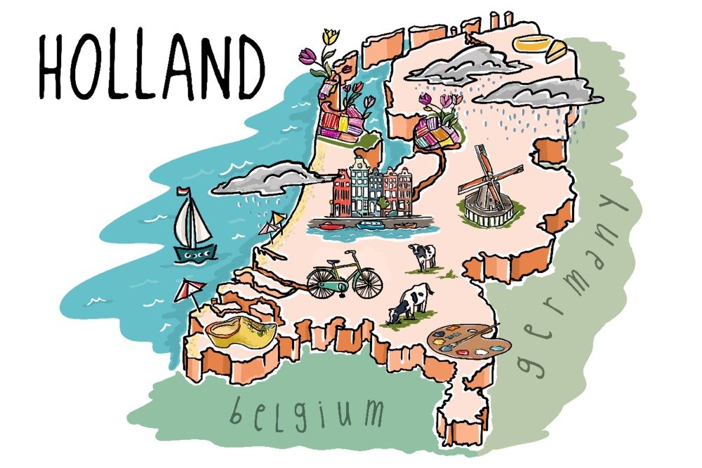 Holland Line Drawing Art Print - 36x54 Inch Giclee Gallery Quality Travel Poster - Wall Decor for Living Room, Bedroom & Office