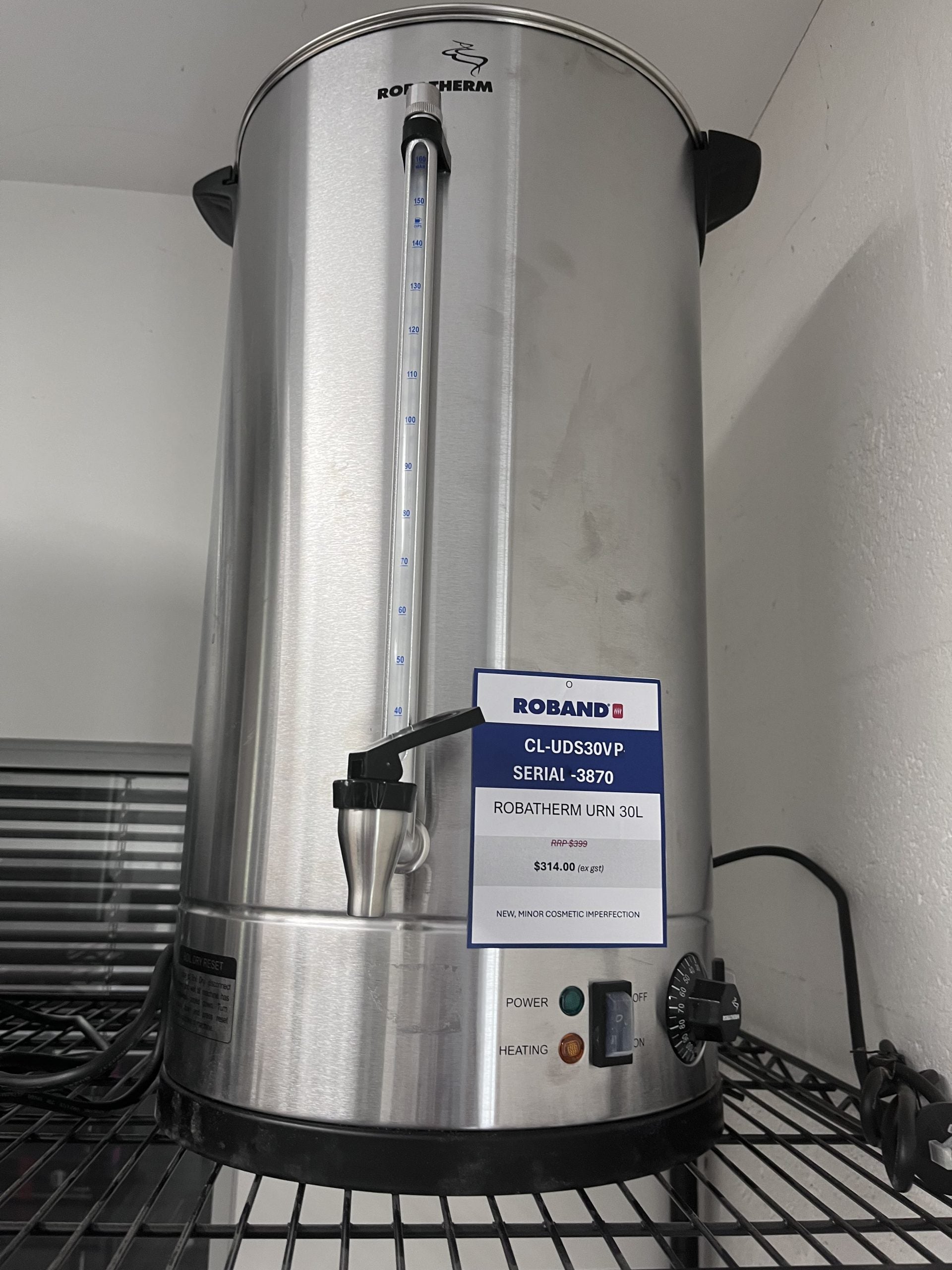 30L Double Skinned Hot Water Urn - Stainless Steel Commercial Coffee Tea Dispenser (CL UDS30VP 3870) - Perfect for Cafes, Catering & Large Events