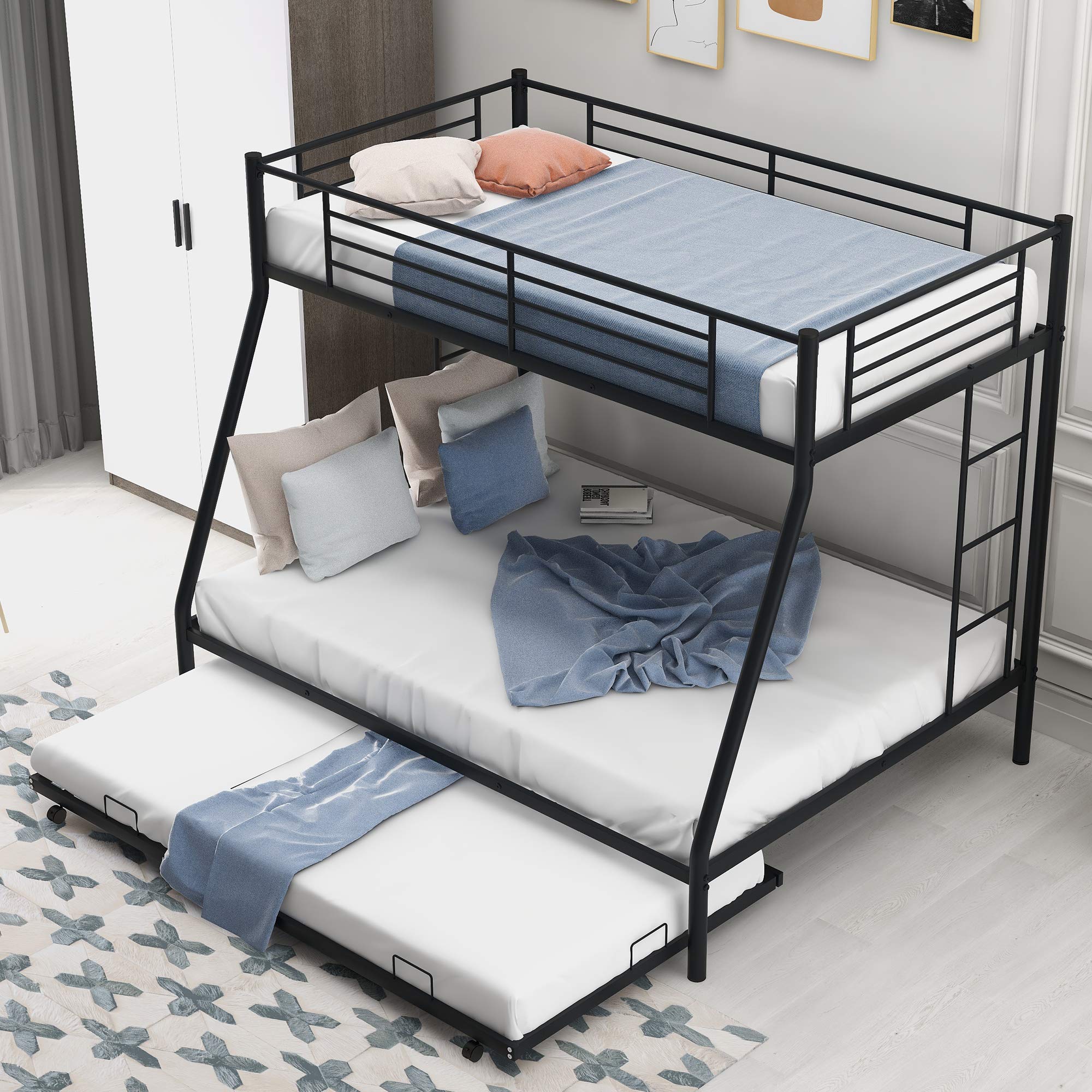 Metal Twin Over Full Bunk Bed with Trundle - Sturdy Kids Bed Frame for Small Spaces