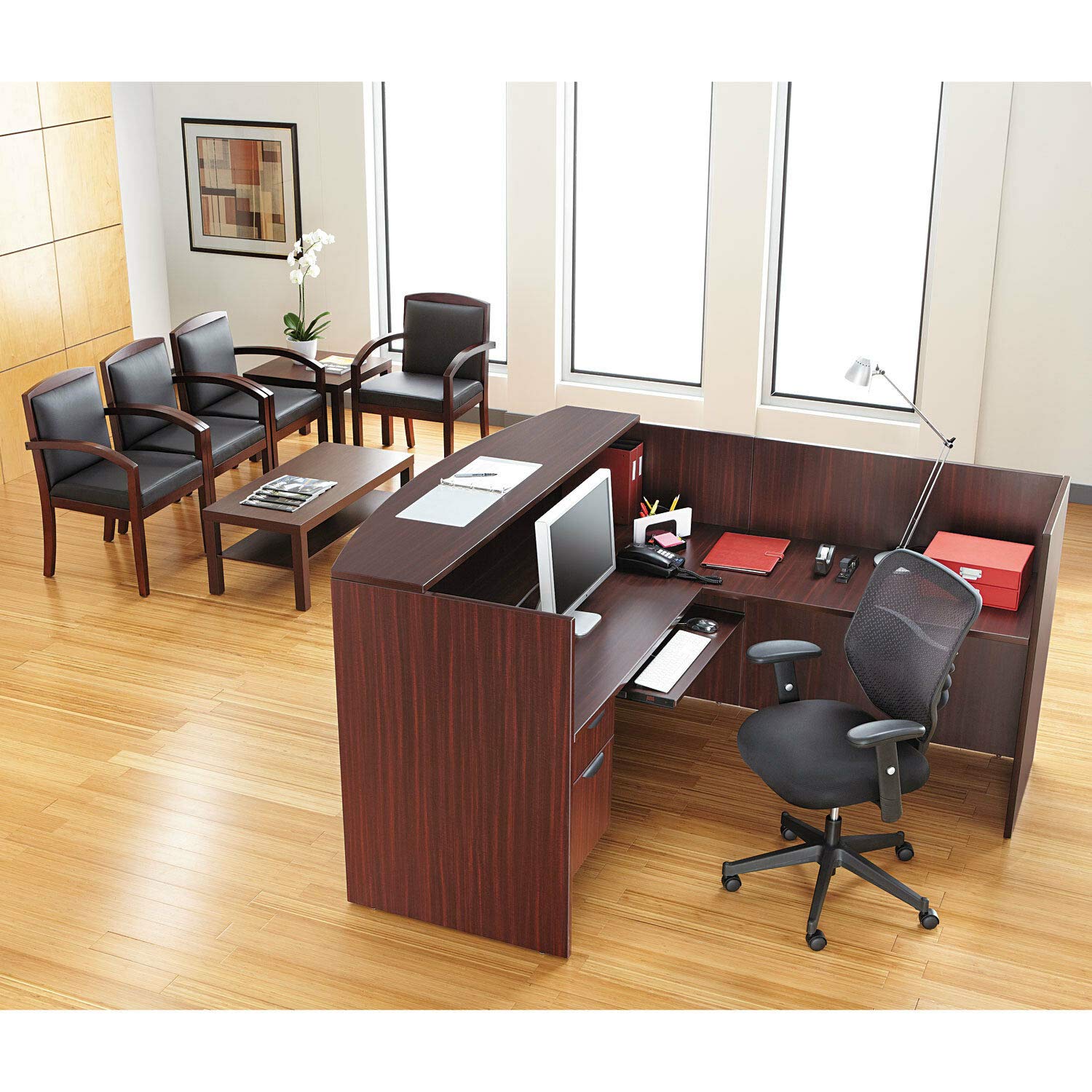 Single Pedestal Reversible L-Shaped Laminate Reception Desk - Mahogany Finish for Office, Hotel & Corporate Lobby