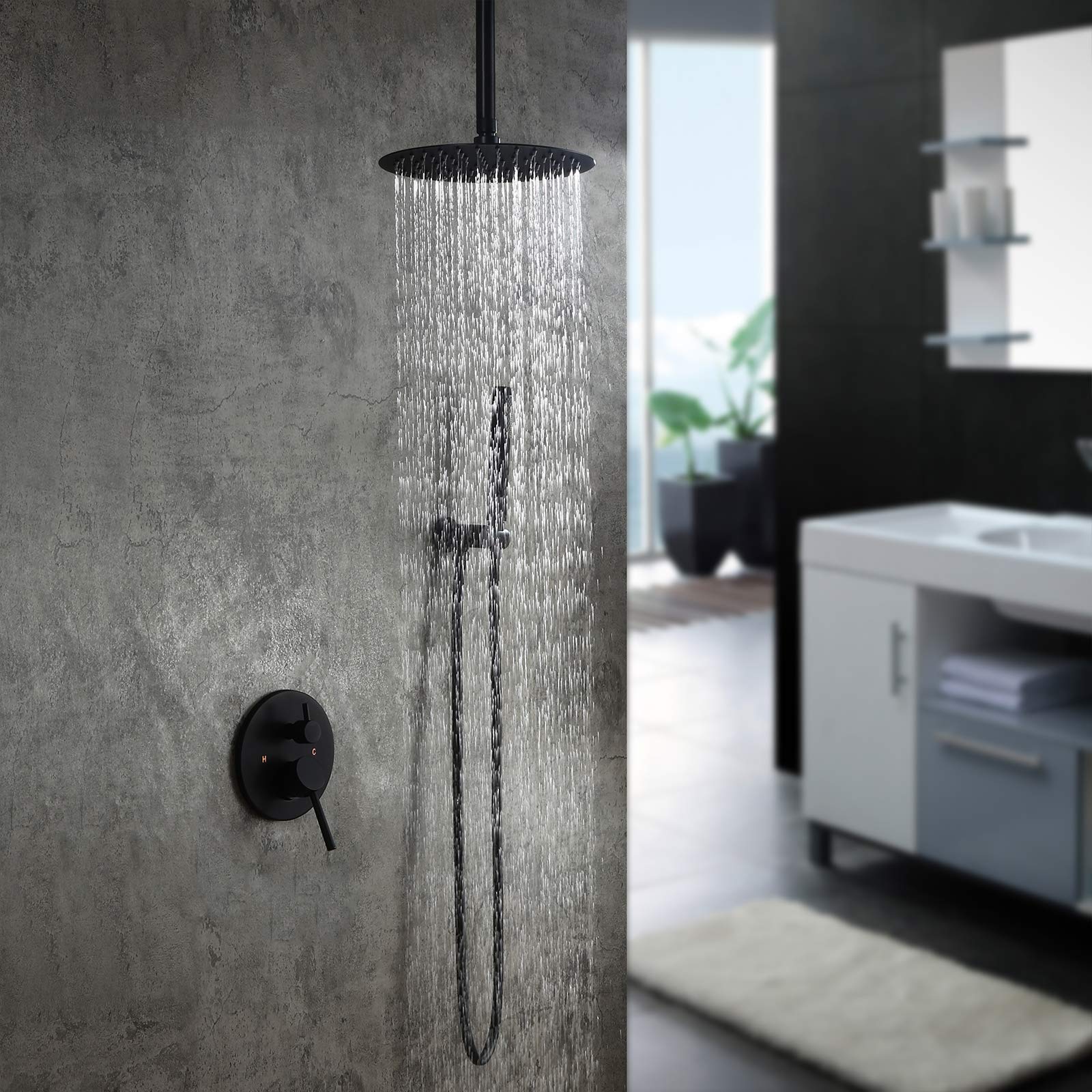 10 Inch Matte Black Ceiling Mount Rainfall Shower System with Hand Shower - Modern Bathroom Faucet Set for Luxurious Spa Experience | Perfect for Master Bathrooms & Hotel Style Showers