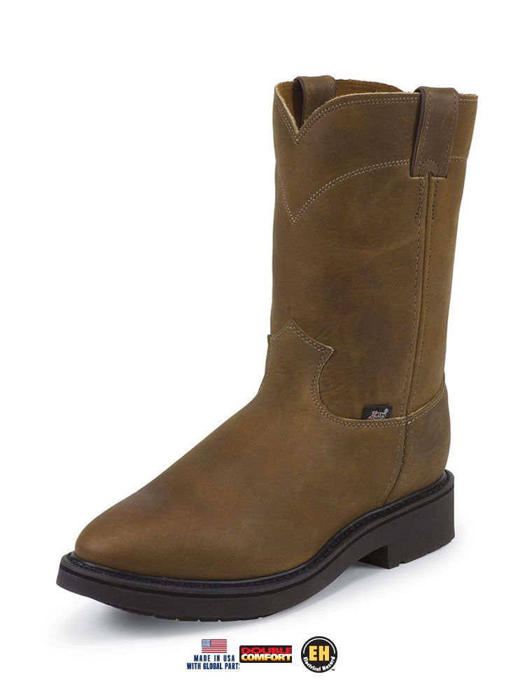 Justin Original Work Boots for Men - Pull On Style, Conductor Brown, Size 10 | Durable & Comfortable Work Shoes for Construction, Landscaping & Outdoor Jobs