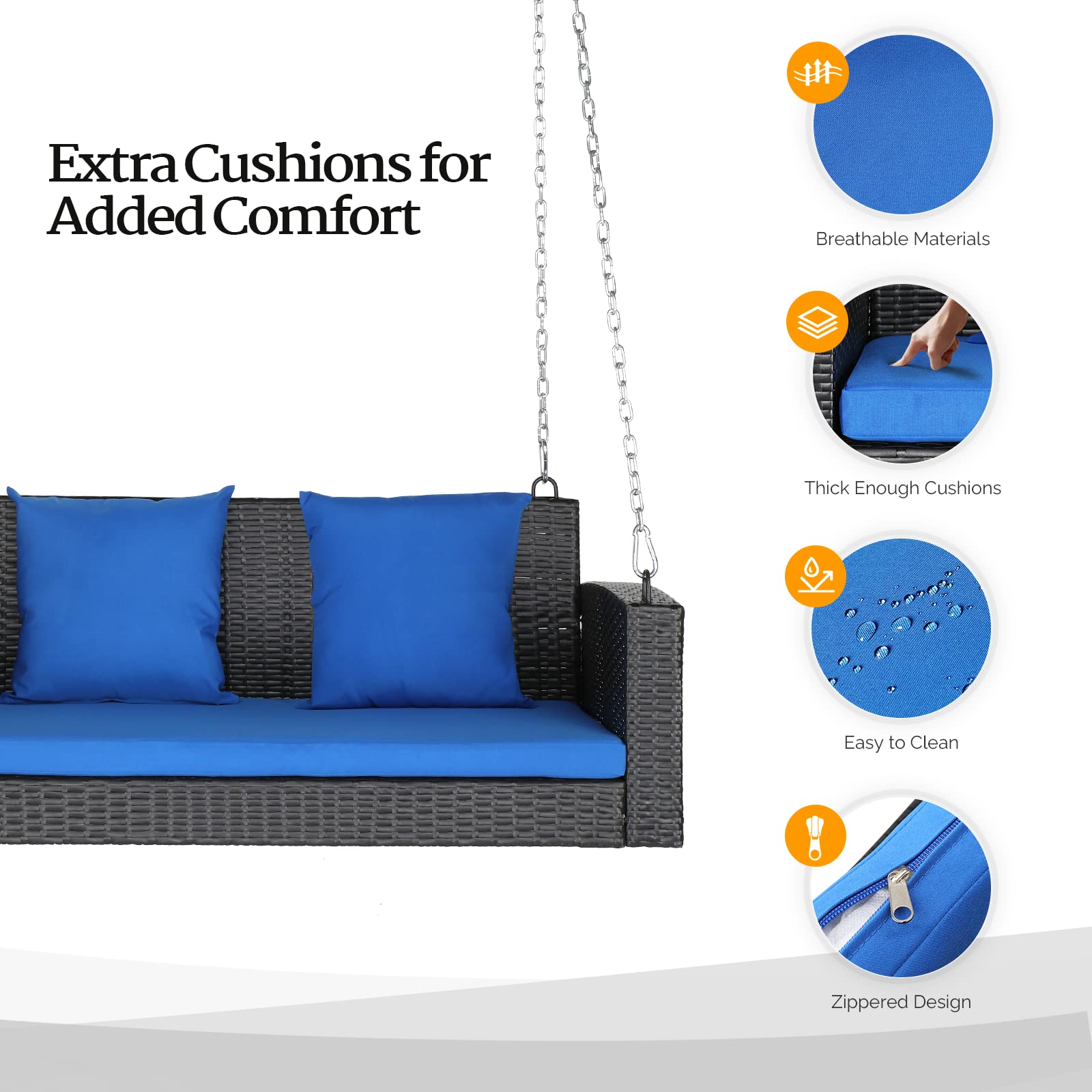 VINGLI 800 LBS Heavy Duty Wicker Hanging Porch Swing with Cushions & Chains - 4FT Outdoor Rattan Swing Bench for Garden, Yard, Lawn, Patio (Black+Blue) - Perfect for Relaxing, Reading & Enjoying Nature