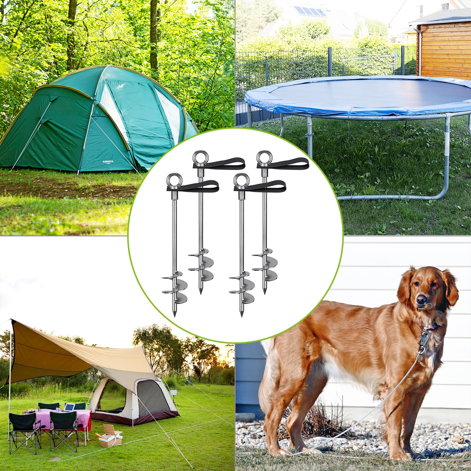Heavy Duty 18'' Fully Welded Spiral Ground Anchors - 4 Pack Wind Resistant Earth Anchors with Straps for Swing Sets, Trampolines, Sheds, Carports | Secure Animals, Trees, Tents & Outdoor Structures in Storms & High Winds