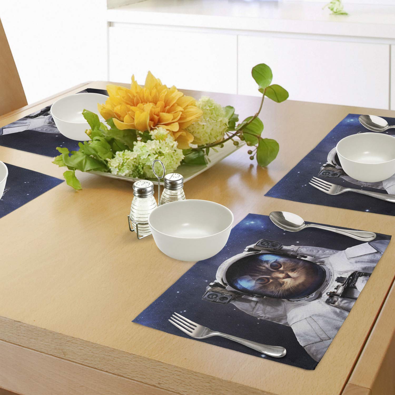 Ambesonne Space Cat Placemats Set of 4 - Milky Way Galaxy Astronaut Cat with Stars Design - Washable Fabric Table Mats for Dining Room & Kitchen Decor - Navy Blue & White - Perfect for Sci-Fi Themed Dinners & Space Enthusiast Home Decor