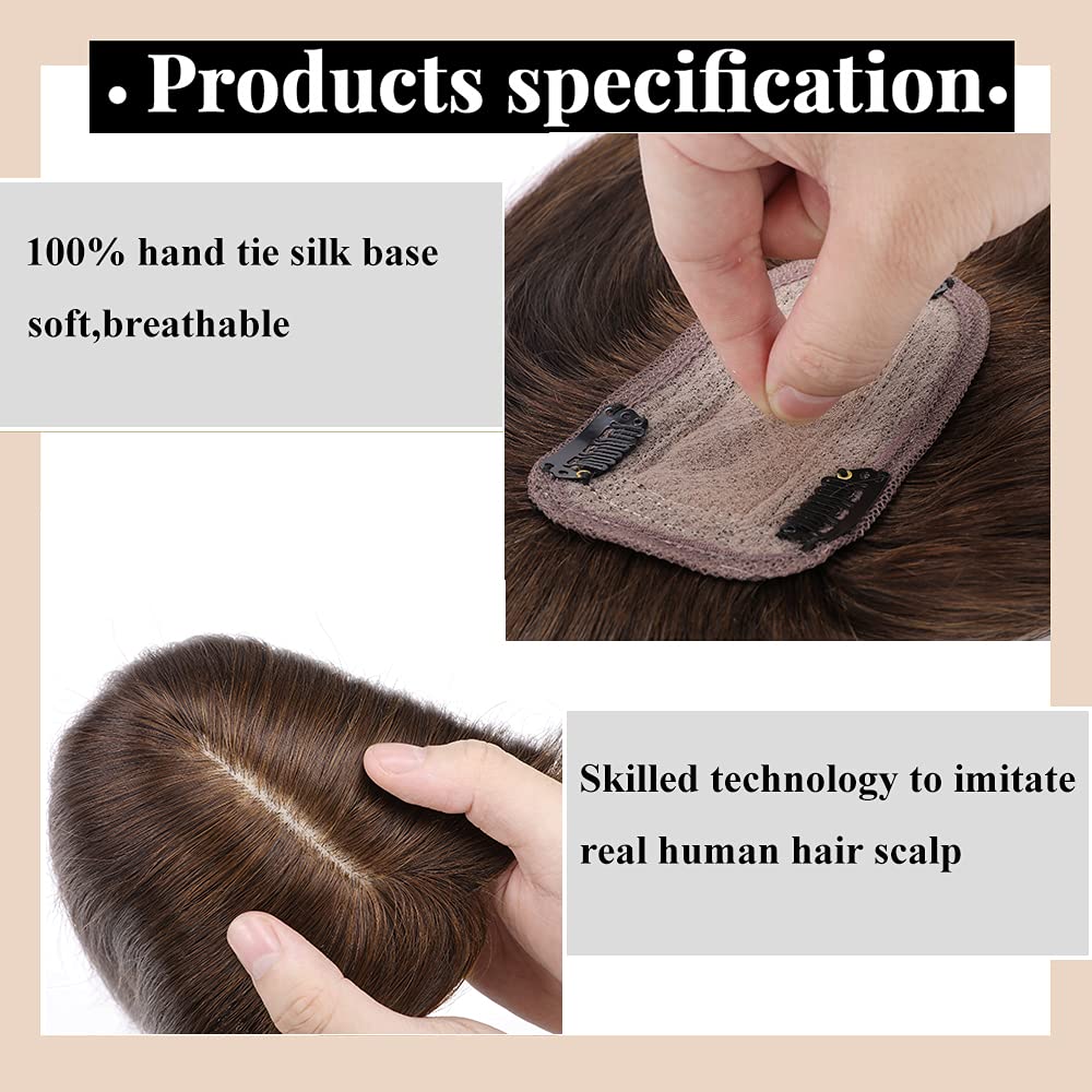 MY-LADY 150% Density Human Hair Toppers With Bangs - 18 Inch Medium Brown Silk Base Clip-in Hairpiece for Women with Thinning Hair & Hair Loss - Perfect for Daily Wear, Special Occasions & Styling
