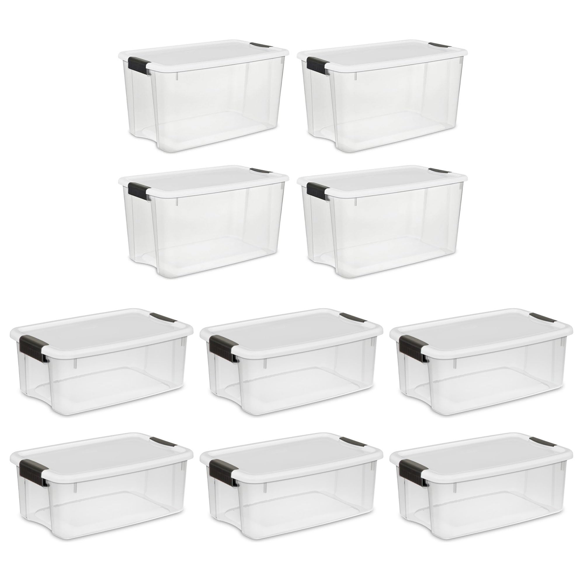 Sterilite 70-Quart & 18-Quart Heavy Duty Stackable Storage Bins with Latching Lids - 4 Large & 6 Small Clear Plastic Totes for Home Organization, Closet, Garage, and Office Storage Solutions