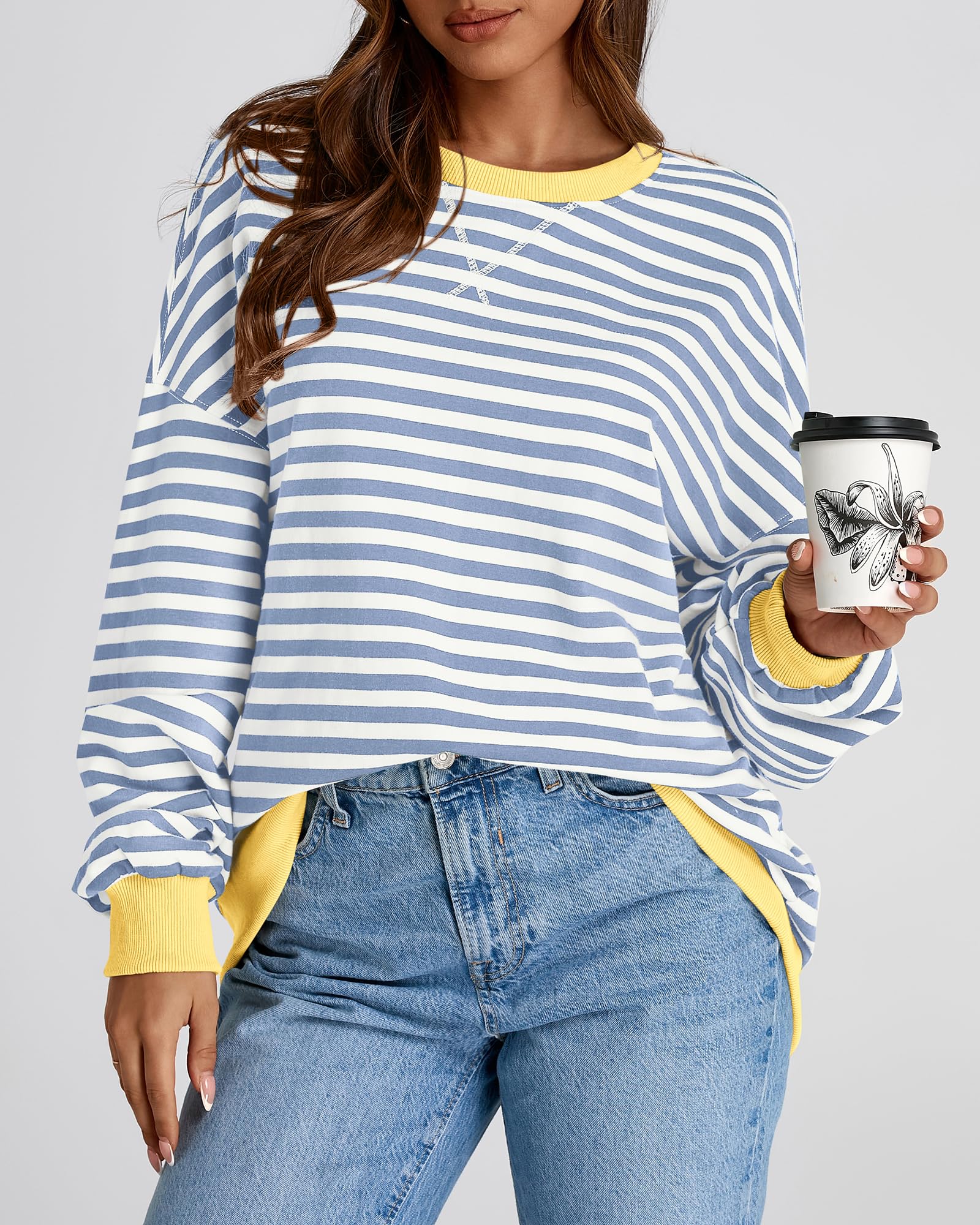 BTFBM Women's Striped Pullover Sweatshirt - Soft Long Sleeve Crewneck Y2K Loose Fit Top for Fall 2025 | Trendy Casual Outfit for Streetwear, College, and Weekend Hangouts