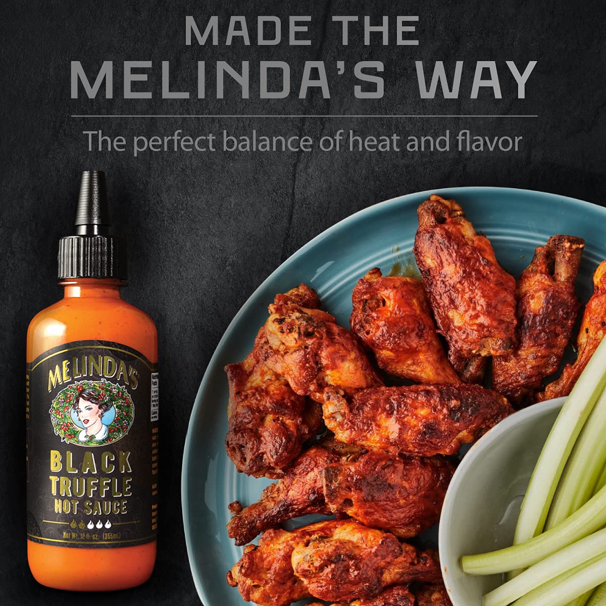 Melinda's Black Truffle Hot Sauce - Premium Gourmet Hot Sauce with Italian Black Truffles, Cayenne Peppers, Garlic & Colombian Honey - Keto Friendly, Sugar Free, Low Carb - 12 oz Bottle - Perfect for Pizza, Pasta, Steak & Charcuterie Boards