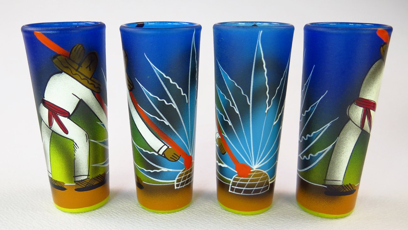 Hand Painted Mexican Margarita Martini Glasses & Shot Glasses Set - 2 Cocktail Glasses & 2 Tequila Shot Glasses with Cactus Design - Perfect for Cinco de Mayo Parties & Mexican Themed Events