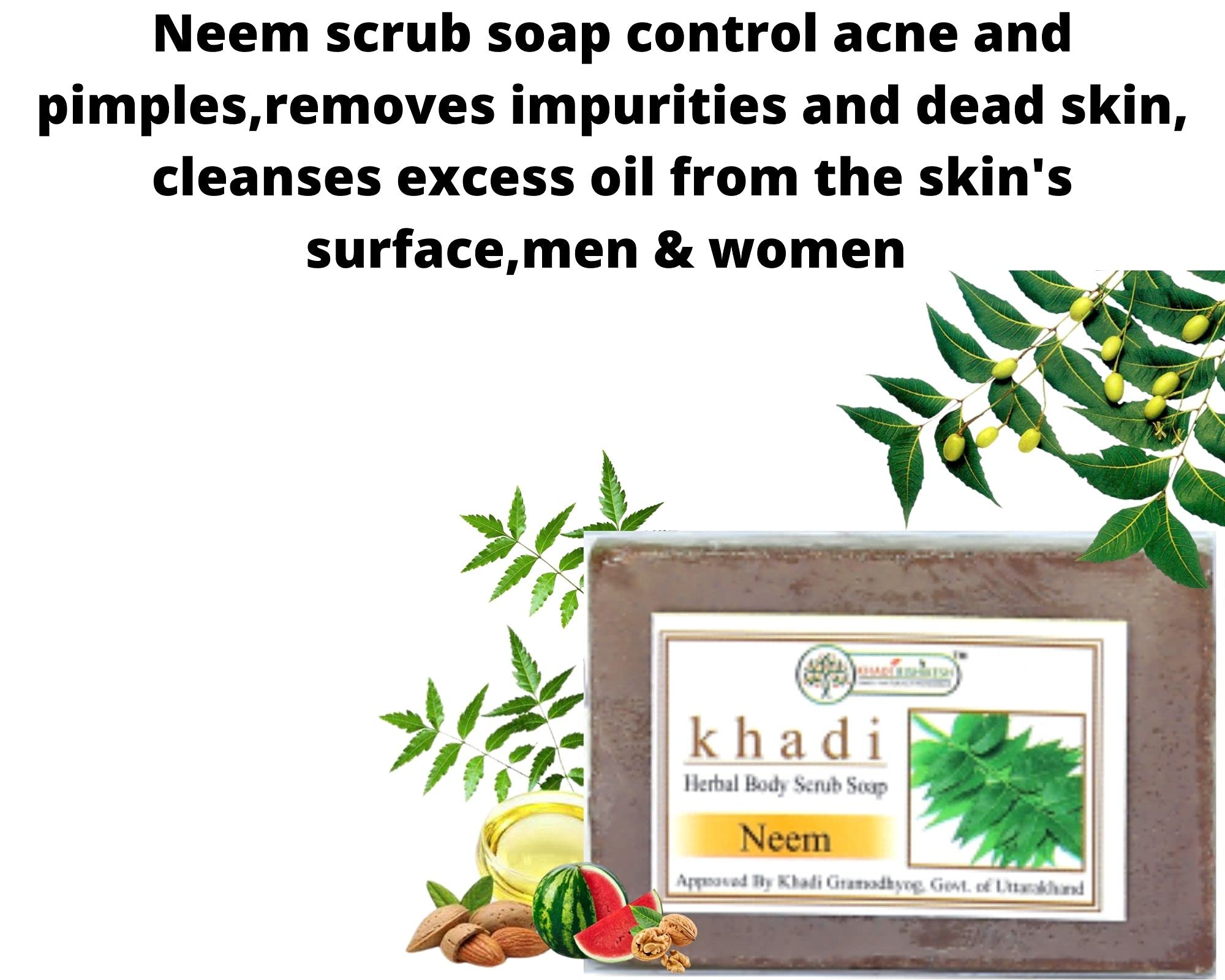 Khadi Rishikesh Herbal Neem Bathing Bar - Handmade Scrub Soap for Face & Body | Controls Acne, Pimples & Oil | Brightening Beauty Soap | Perfect for Summer Skincare - Men & Women (125g x 2 Pack, 250g Total) with Free Towel - Ideal for Daily Cleansing & Acne-Prone Skin
