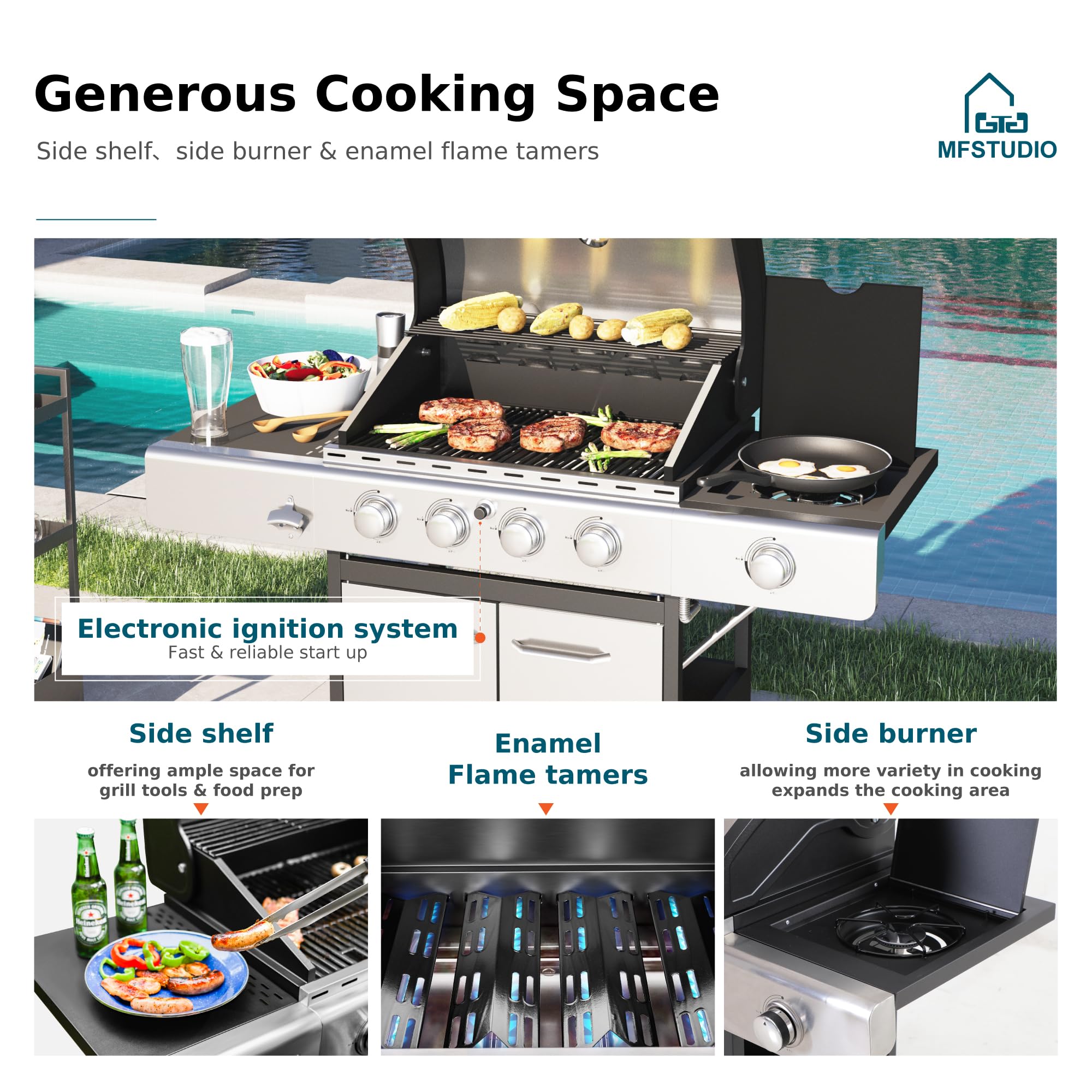 MFSTUDIO 4-Burner Propane Gas Grill - Stainless Steel BBQ Grill with Side Burner & Porcelain-Enameled Cast Iron Grates - High Heat Output for Outdoor Cooking, Backyard Parties, Camping & Tailgating