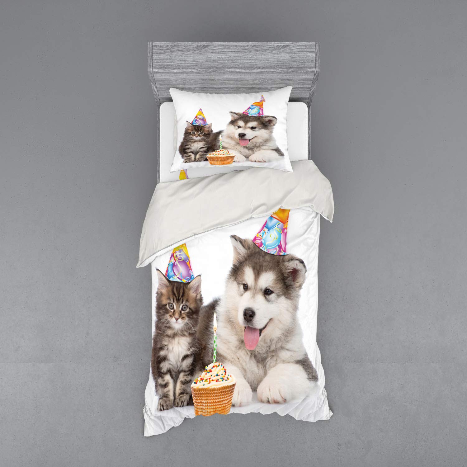 Ambesonne Birthday Duvet Cover Set - Dog & Cat Pet Theme with Party Hats & Cupcakes, 3-Piece Twin Size Bedding Set (Duvet Cover, Sham, Fitted Sheet) in White & Brown - Perfect for Kids' Rooms, Pet Lover Gifts & Birthday Decorations