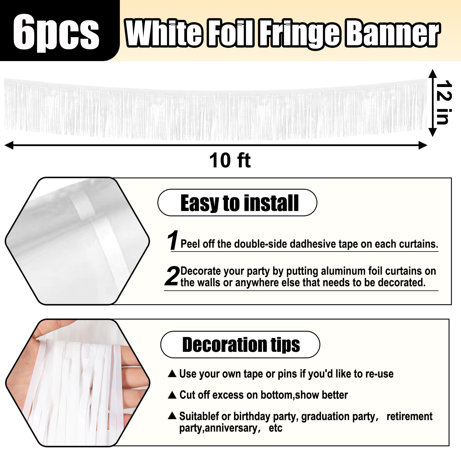6 Pack 10 Feet White Foil Fringe Garland - Metallic Tinsel Streamers for Party Decorations | Perfect for Birthday, Wedding, Graduation, Mother's Day & Parade Float Backdrops | Elegant Wall Hanging Curtain & Photo Booth Decor