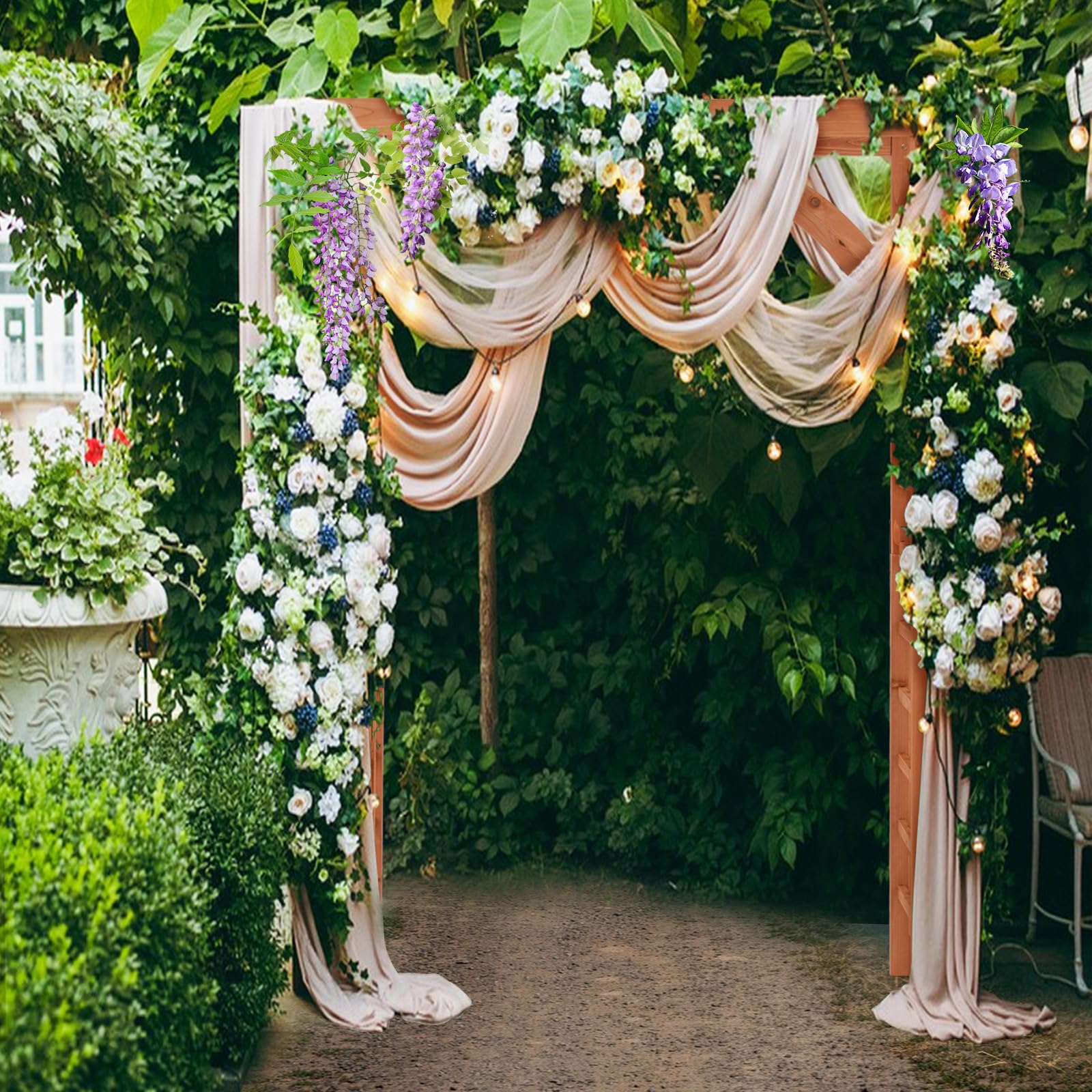 Happygrill 84 Inch Wooden Garden Arbor with Decorative Hanging Roof & Climbing Trellis - Outdoor Archway Pergola for Climbing Plants, Wedding Decorations, Lawn & Party Events - Perfect for Backyard, Patio and Garden Landscaping