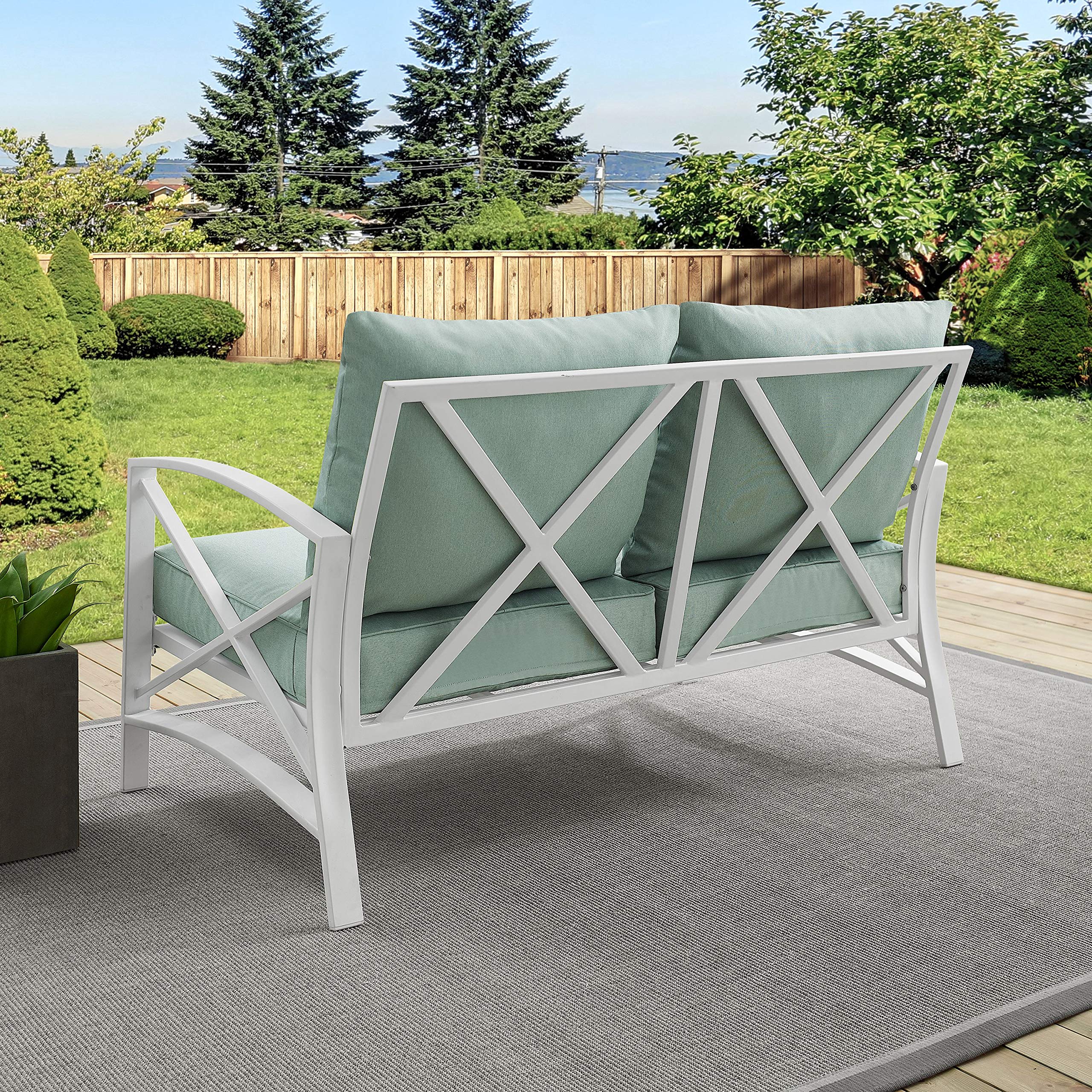 Crosley Furniture Kaplan Outdoor Loveseat - 2-Person Patio Couch for Porch, Deck, Backyard & Balcony - White with Mist Cushions - Perfect for Relaxing, Entertaining & Outdoor Lounging