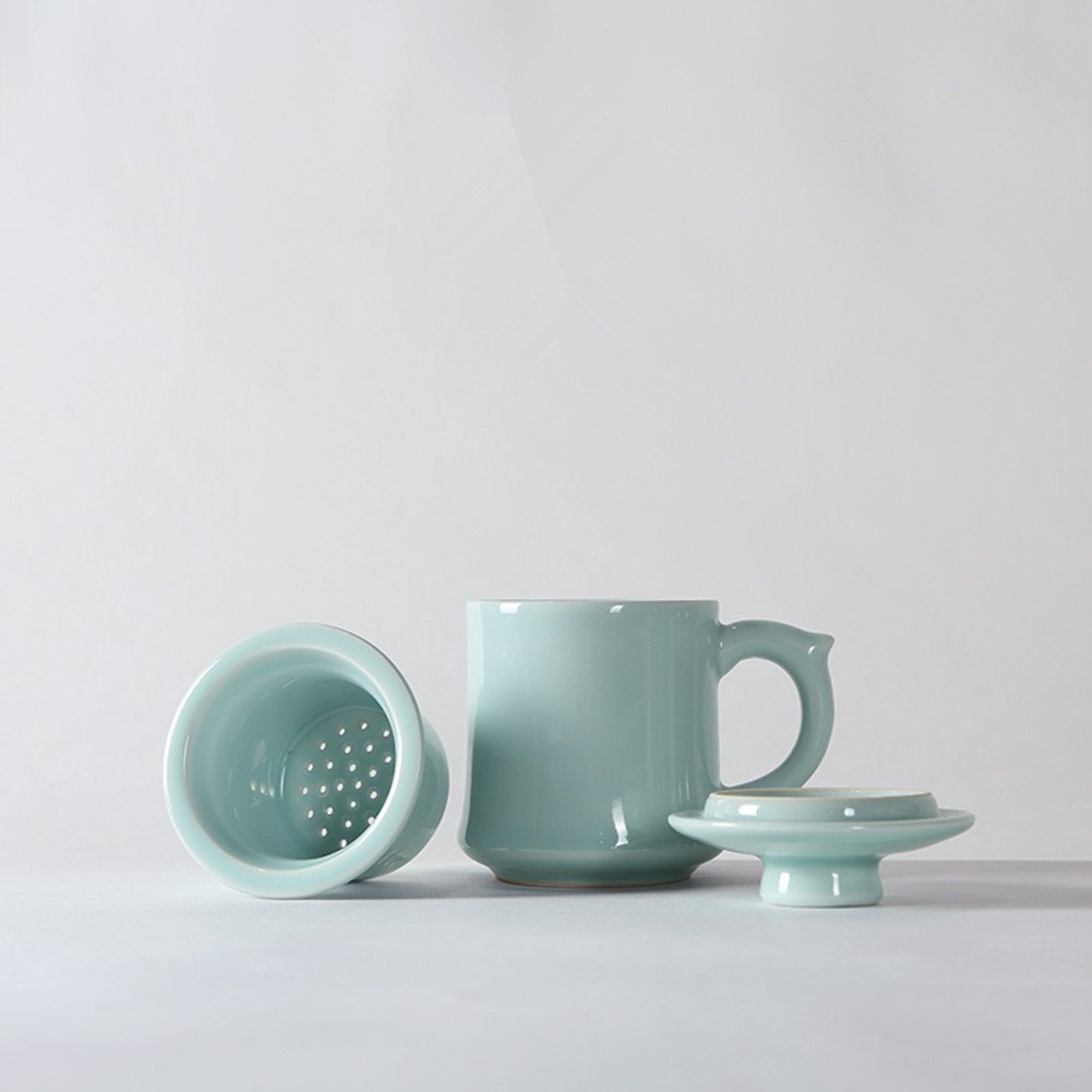 Premium 10oz Celadon Ceramic Coffee Mug with Lid & Filter Funnel - Porcelain Tea Cup in Sky Blue - Perfect for Home, Office & Gifts