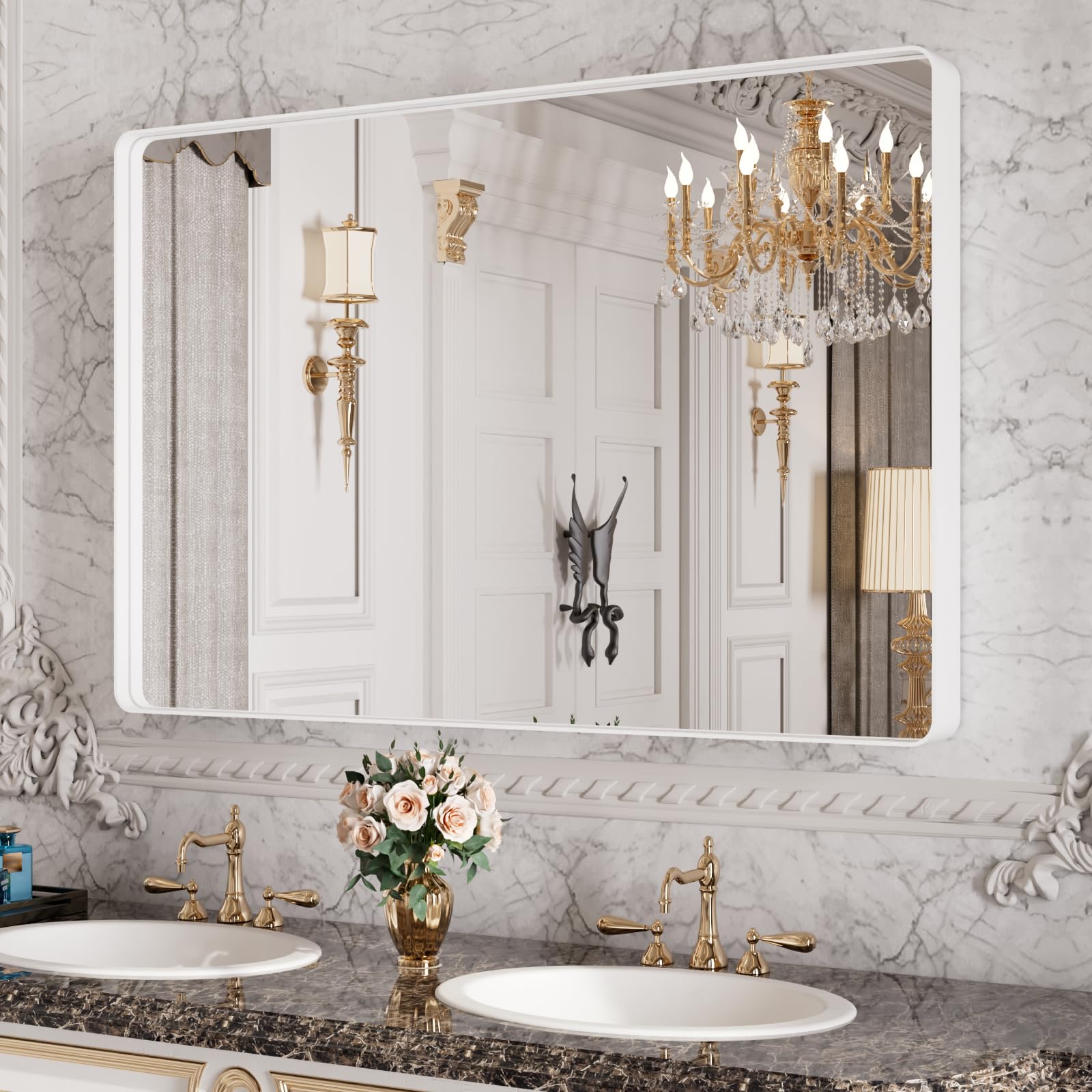 48x32 Inch White Bathroom Vanity Mirror - Rounded Rectangle Matte Wall Mirror with Metal Frame, Farmhouse Style, Tempered Glass (Horizontal/Vertical Mounting) - Perfect for Bathrooms, Bedrooms, and Entryway Décor