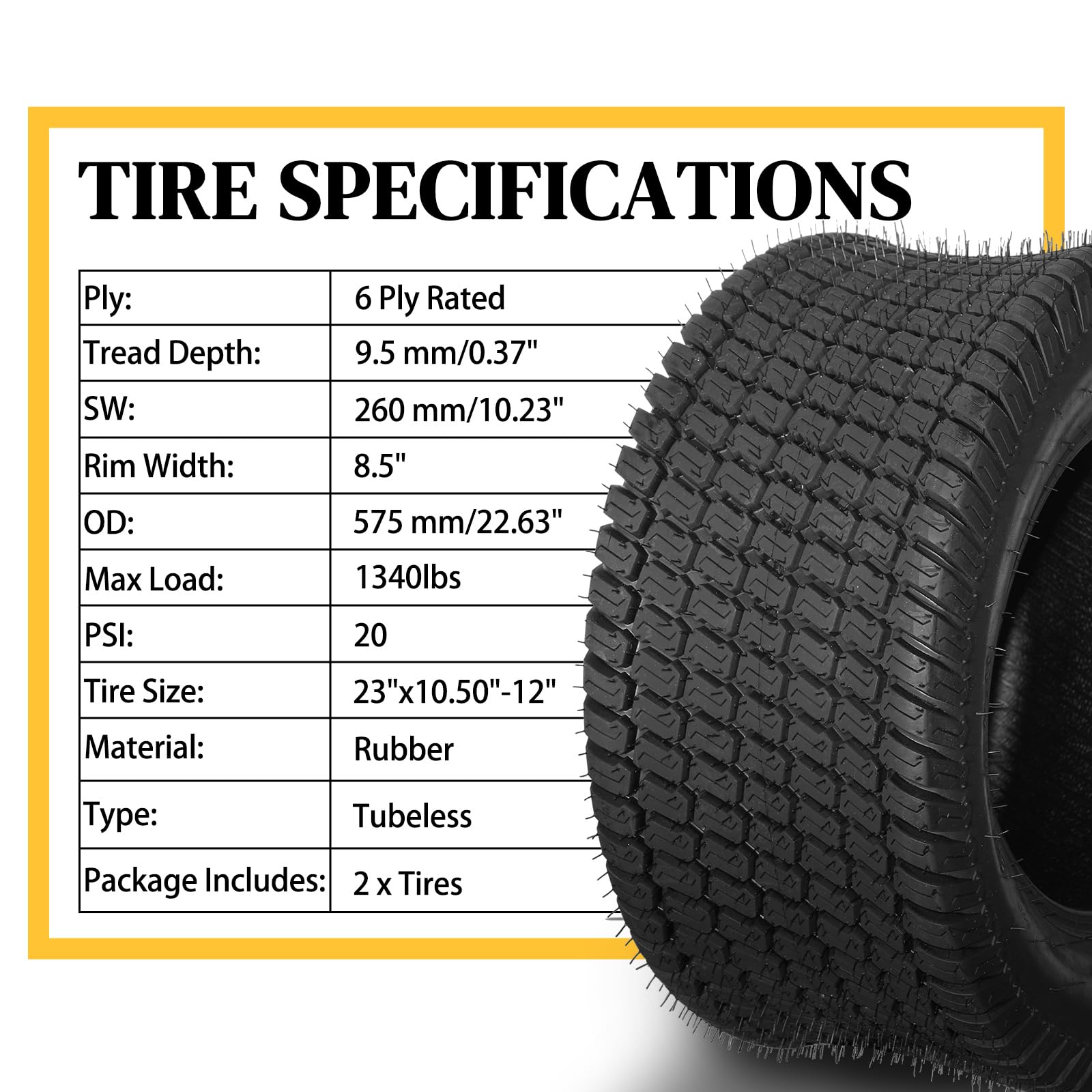AutoForever 23x10.50-12 6-Ply Lawn Mower Tractor Tires - Set of 2 Heavy Duty Garden & Golf Cart Turf Tires - Perfect for Lawn Care, Landscaping & Golf Course Maintenance
