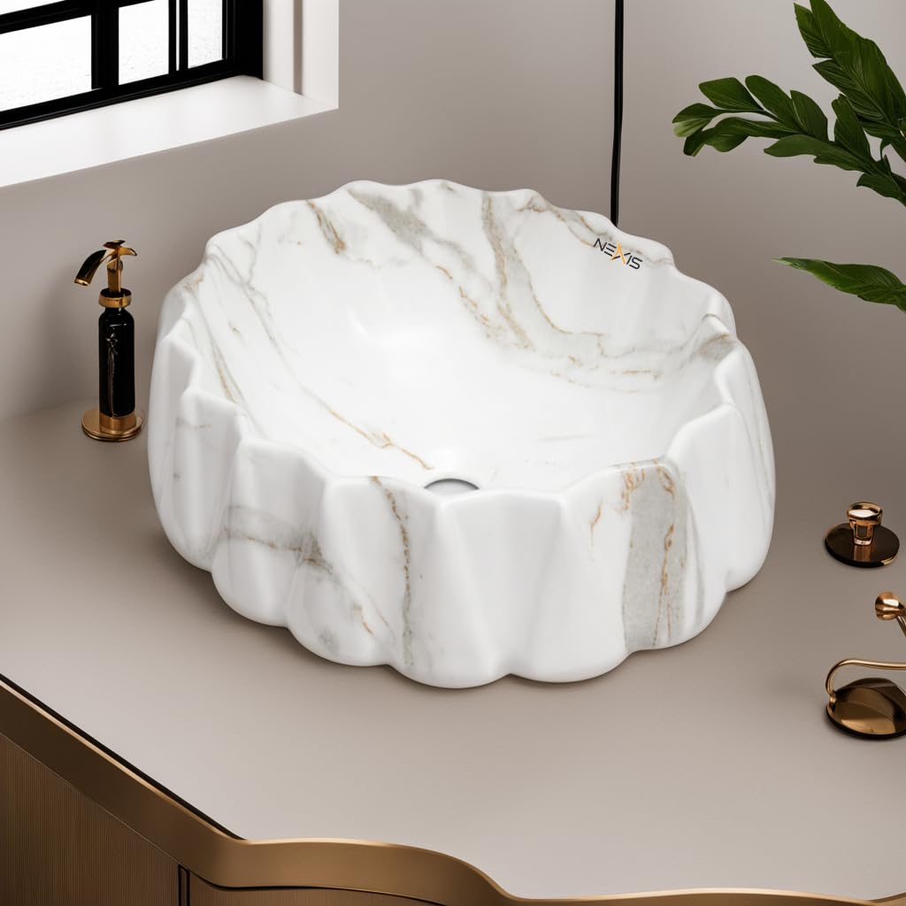 NEXIS Designer Glossy Finish Ceramic Vessel Sink - 16x16x5 Inch Art Wash Basin for Bathroom Vanity | Modern Table Top Sink in Lizza 603 White Brown | Perfect for Contemporary Home & Luxury Hotel Decor