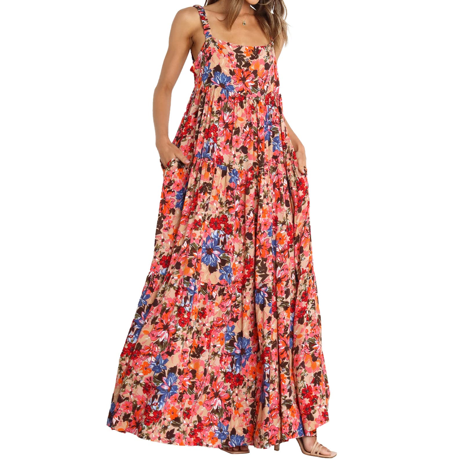 Women's Floral Maxi Dress - Spaghetti Strap Sleeveless Backless Summer Casual Dress with Layered Cake Skirt | Perfect for Beach Vacations, Date Nights & Summer Parties