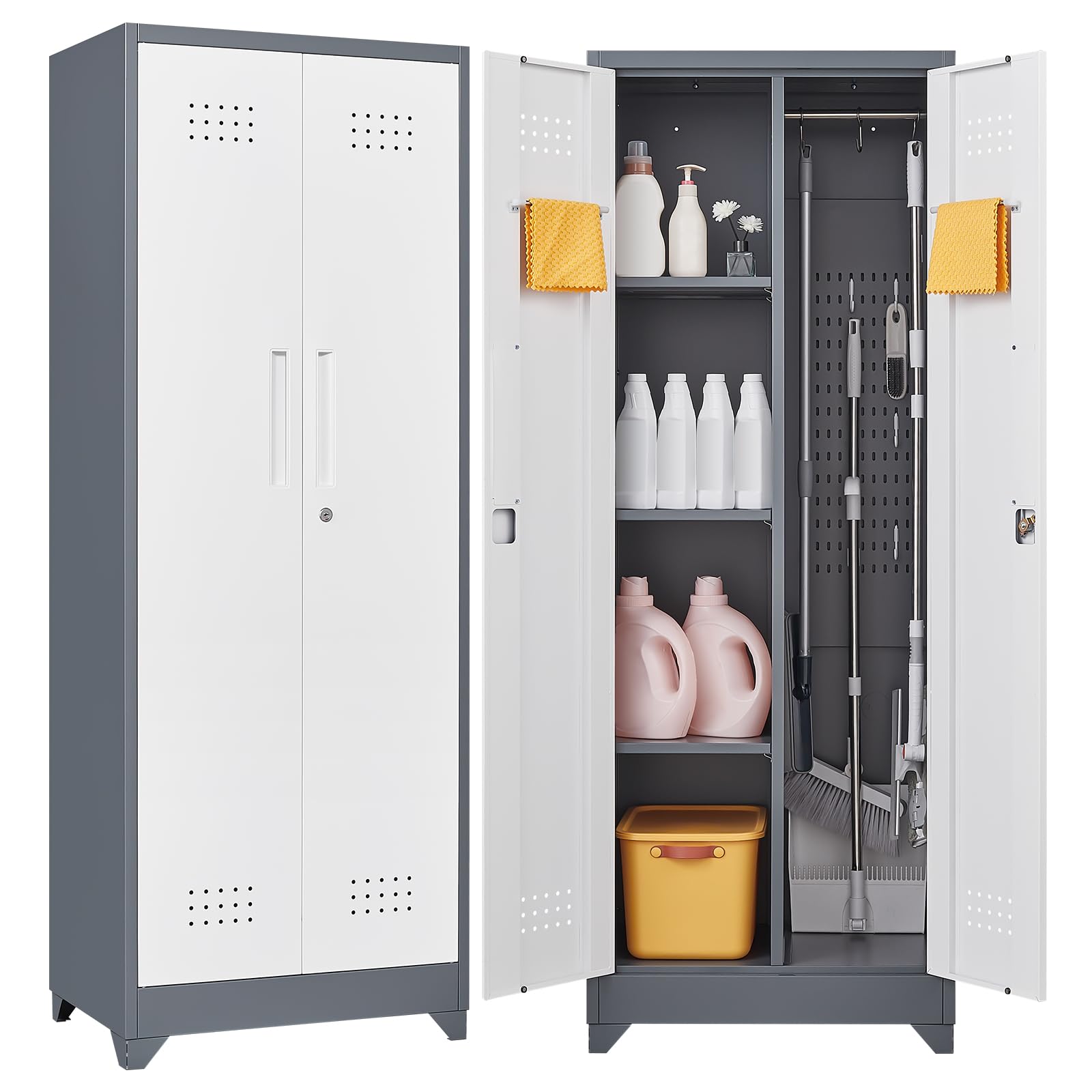 GREATMEET Heavy Duty Metal Storage Cabinet with Adjustable Shelves - Broom Closet Organizer with Pegboard & Hanging Rod - Locking Tall Utility Cabinet for Cleaning Tools - Perfect for Bathroom, Garage, Laundry Room & Mudroom Organization
