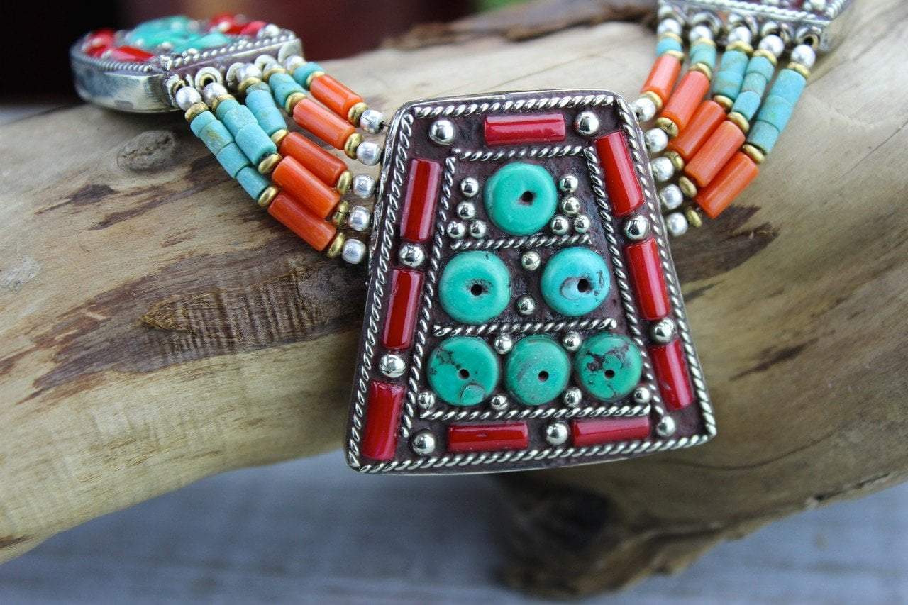 Agni Necklace with Tibetan Coral and Turquoise Beads – Handmade Spiritual Jewelry for Meditation, Yoga & Boho Fashion