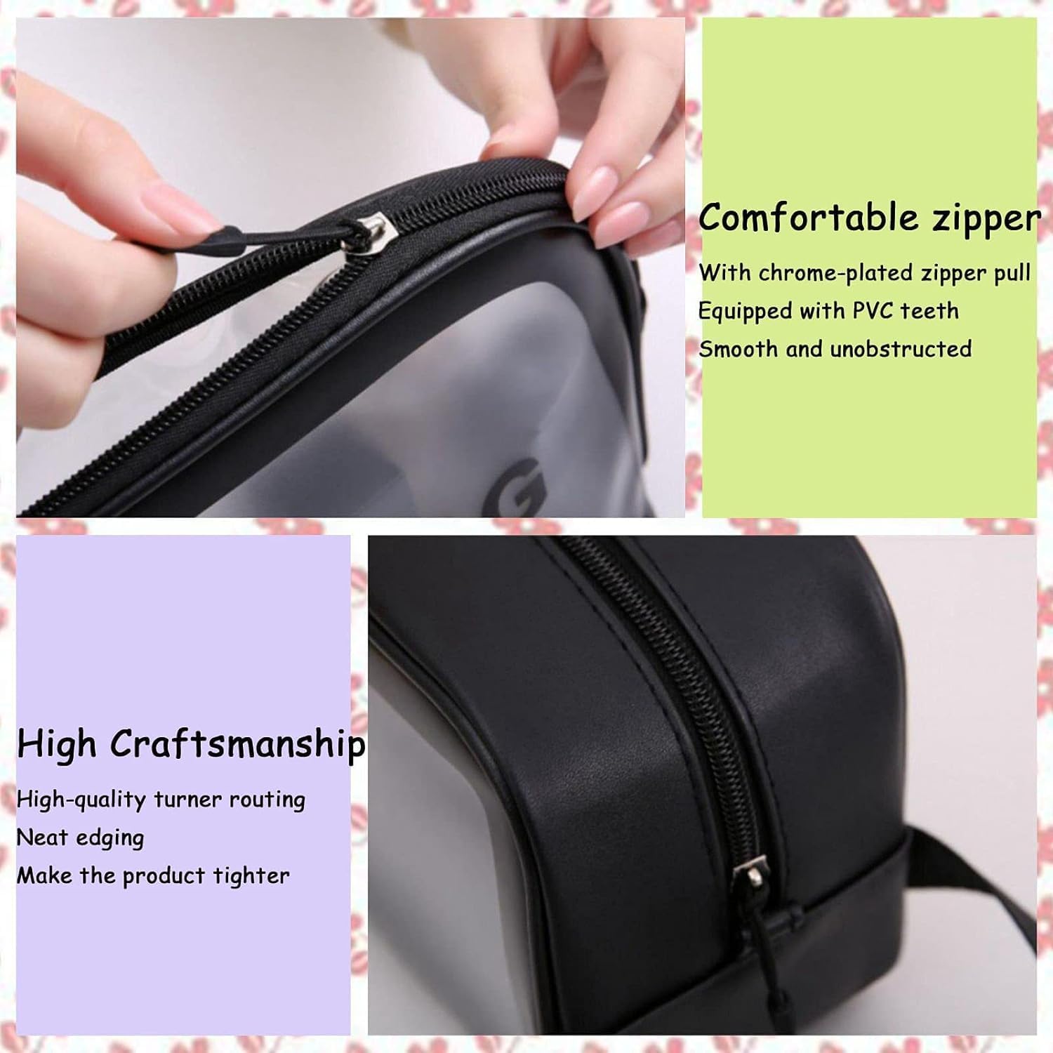 Waterproof Clear PVC Makeup Pouch - Travel Cosmetic Organizer Bag with Zipper for Women & Men | Portable Toiletry Bag for Makeup Brushes, Skincare, Shampoo | Perfect for Gym, Vacation & Daily Use (Pink/Black)