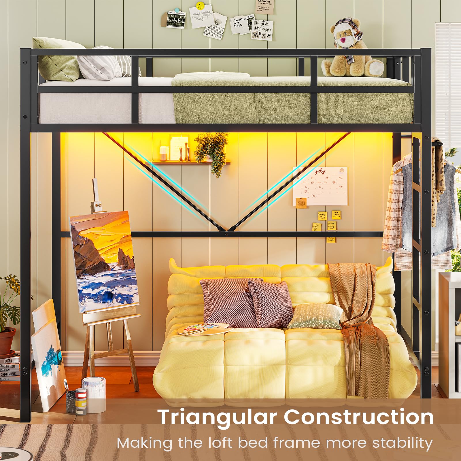 Hasuit Twin Loft Bed with LED Lights - Sturdy Metal Loft Bed Frame with Full Guardrail & Closet Organizer | Space-Saving Design, Quiet & No Box Spring Needed (Black) | Perfect for Small Apartments, Dorms & Kids' Rooms