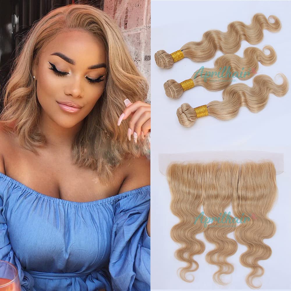 8A Pre Plucked 13x4 Lace Frontal with 3 Bundles - #27 Honey Blonde Brazilian Virgin Human Hair Body Wave Closure (12+14+16+18 Inch) | Natural Looking Hairline for Daily Wear & Special Occasions