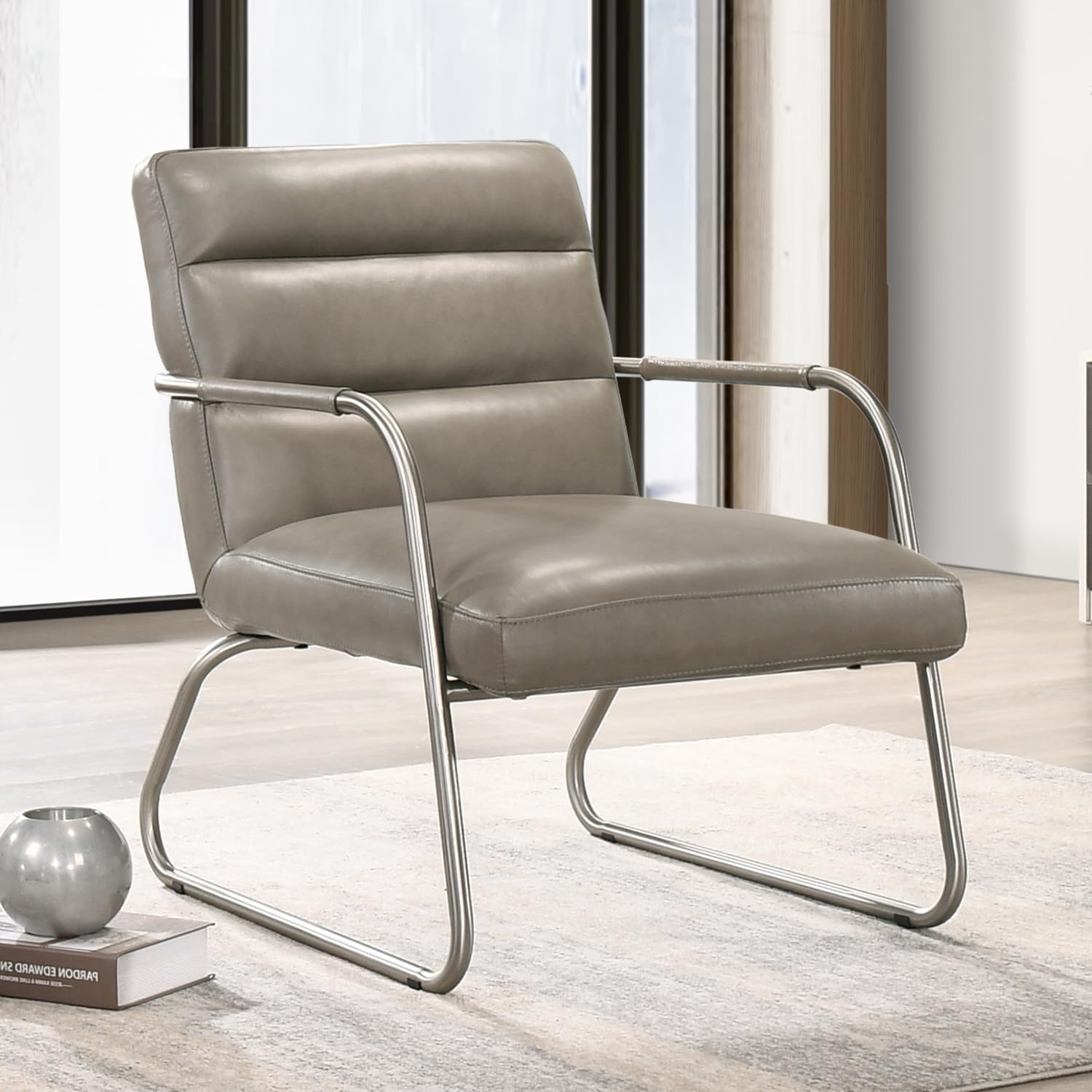 Premium Spencer Stainless Steel & Grey Leather Lounge Accent Chair - Modern Living Room Furniture for Home Office, Reading Nook & Relaxation