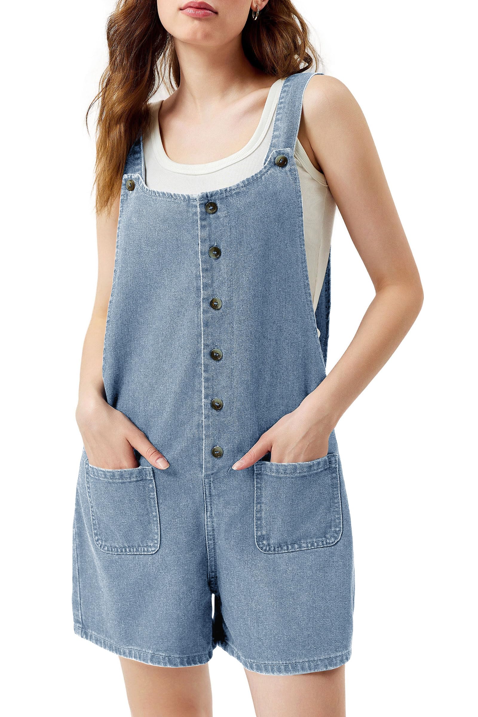 PLNOTME Women's Denim Romper Shorts - Sleeveless Button Up Jean Jumper with Pockets | Summer Casual Outfit for Beach, Music Festivals & Street Style