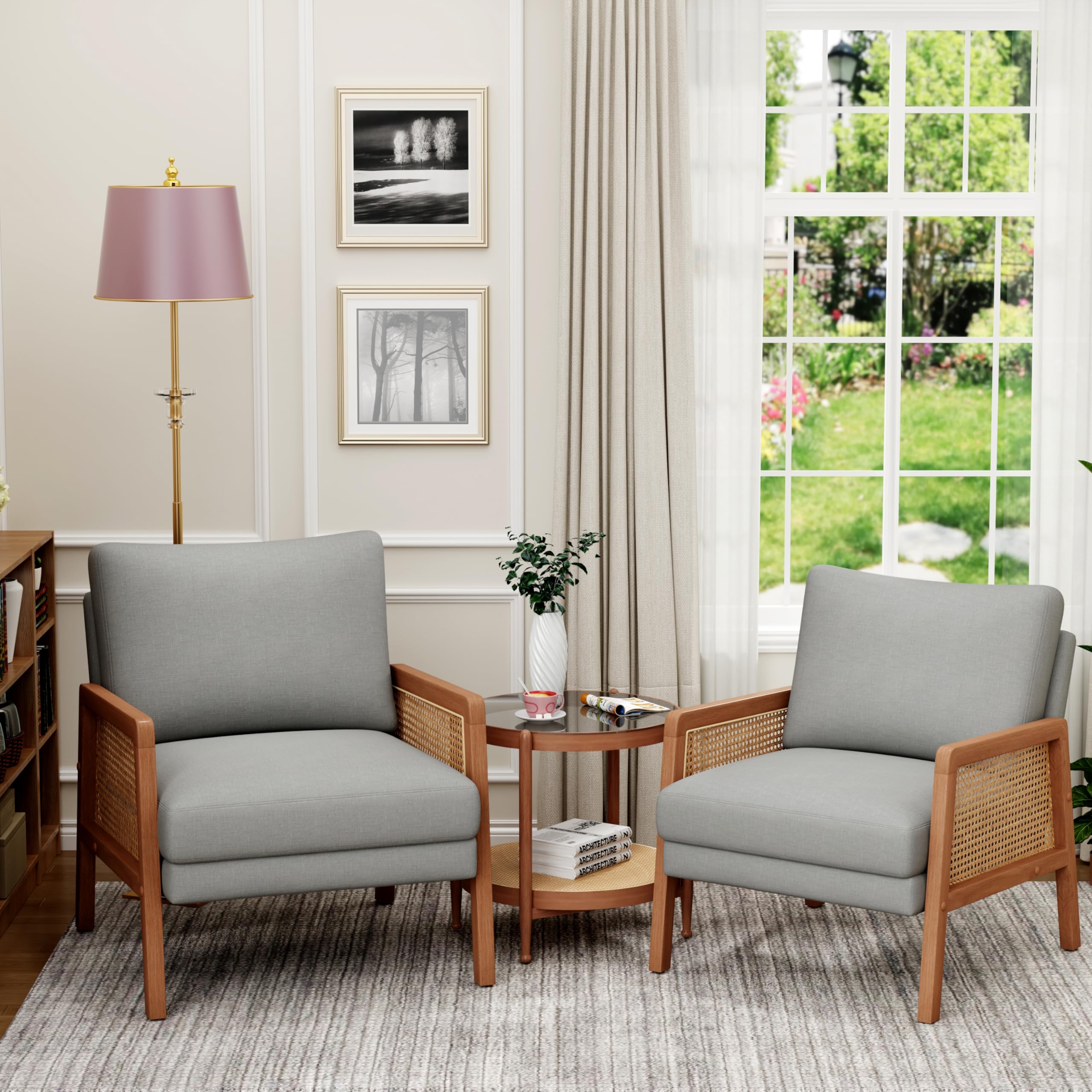 WENTMENT Set of 2 Modern Rattan Accent Chairs with Natural Armrests - Upholstered Living Room Armchairs, Comfortable Single Sofa Chairs for Reception, Hosting & Bedroom (Grey) | Perfect for Lounge, Reading Nook & Cozy Home Decor