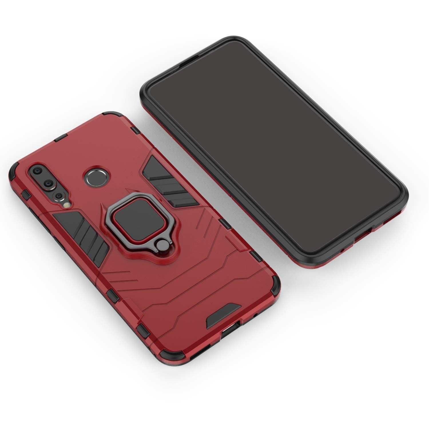 Huawei Nova 4 Case with Metal Ring & Kickstand - Shockproof Hard Bumper Cover Compatible with Magnetic Car Mount | Dual Layer Rugged Protection | Perfect for Daily Use, Travel & Work (Red)