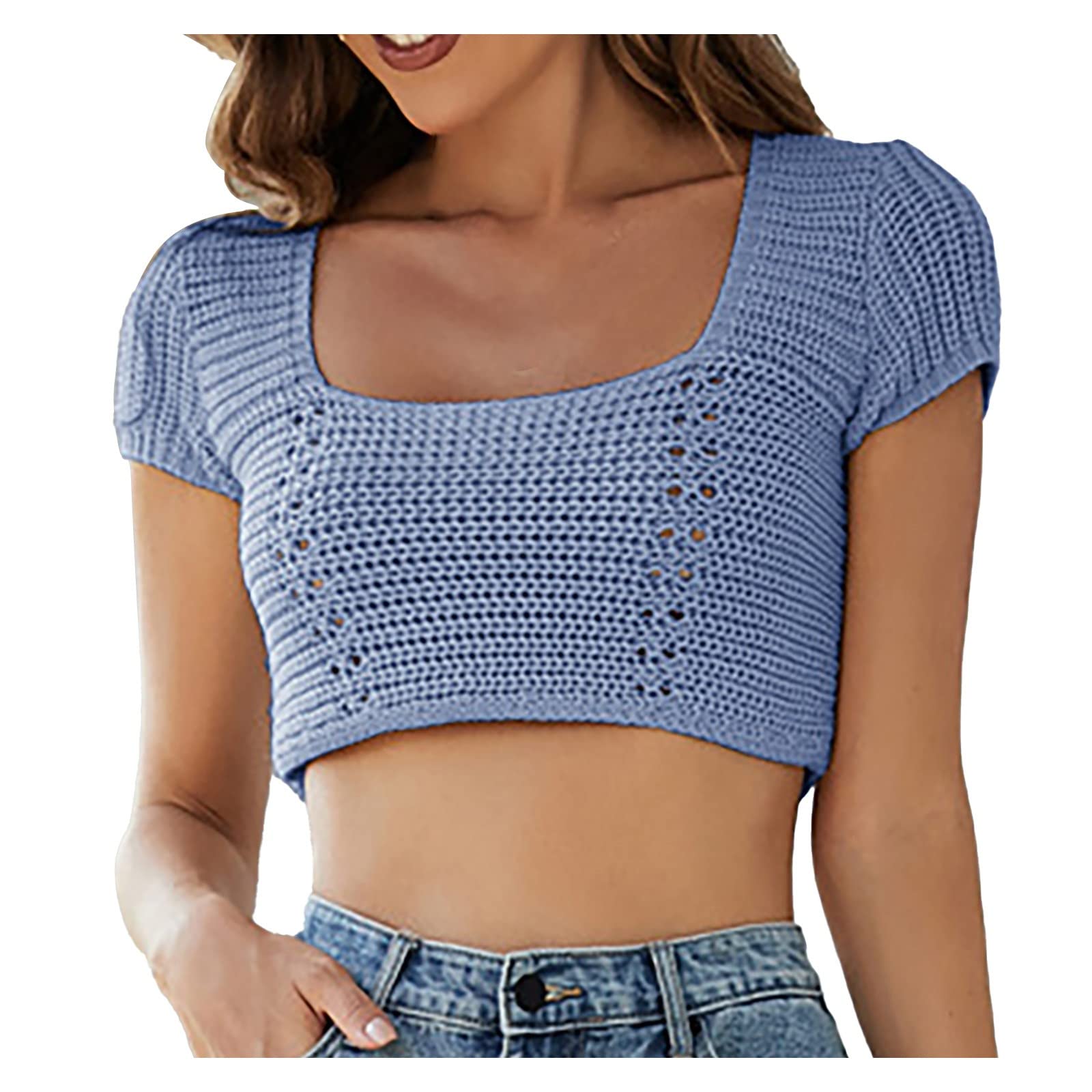 Trendy Women's Sexy Cropped Knit Tops - Hollow Out Short Sleeve Navel Shirts for Summer | Perfect for Casual Outings, Beach Wear & Night Parties